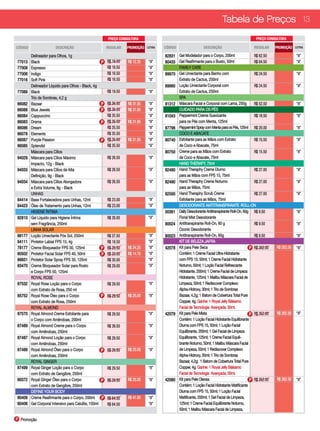 Tabela de Preços 13
                                                          PREÇO CONSULTORA                                                                      PREÇO CONSULTORA

CÓDIGO                  DESCRIÇÃO                        REGULAR     PROMOÇÃO   LETRA   CÓDIGO                 DESCRIÇÃO                       REGULAR     PROMOÇÃO    LETRA

         Delineador para Olhos, 1g                                                      82831 Gel Modelador para o Corpo, 200ml                R$ 62.50                “A”
77013    Black                                         P R$ 16.50    R$ 12.35    “A”    80433 Gel Reafirmante para o Busto, 50ml               R$ 64.50                “A”
77008    Espresso                                        R$ 16.50                “A”          FAMILY CARE
77006    Indigo                                          R$ 16.50                “A”    89970 Gel Umectante para Banho com                     R$ 24.50                “A”
77016    Soft Pink                                       R$ 16.50                “A”          Extrato de Cactus, 250ml
         Delineador Líquido para Olhos - Black, 4g                                      89960 Loção Umectante Corporal com                     R$ 24.50                “A”
77089    Black                                            R$ 19.50               “A”          Extrato de Cactus, 250ml
         Trio de Sombras, 4,2 g                                                               SPA
86082    Bazaar                                        P R$ 35.50    R$ 31.95    “A”    81312 Máscara Facial e Corporal com Lama, 250g         R$ 52.50                “A”
86088    Blue Jewels                                   P R$ 35.50    R$ 31.95    “A”          CUIDADO PARA OS PÉS
86084    Cappuccino                                      R$ 35.50                “A”    81043 Peppermint Creme Suavizante                      R$ 18.50                “A”
86083    Drama                                         P R$ 35.50    R$ 31.95    “A”          para os Pés com Menta, 125ml
86086    Dream                                           R$ 35.50                “A”    87796 Peppermint Spray com Menta para os Pés, 125ml R$ 20.00                   “A”
86078    Elements                                        R$ 35.50                “A”          COCO E ABACATE
86087    Purple Passion                                P R$ 35.50    R$ 31.95    “A”    80740 Esfoliante para as Mãos com Extrato              R$ 15.50                “A”
86085    Splendid                                        R$ 35.50                “A”          de Coco e Abacate, 75ml
         Máscara para Cílios                                                            80750 Creme para as Mãos com Extrato                   R$ 15.50                “A”
94029    Máscara para Cílios Máximo                       R$ 26.50               “A”          de Coco e Abacate, 75ml
         Impacto, 12g - Black                                                                 HAND THERAPY, 75ml
94033    Máscara para Cílios de Alta                      R$ 26.50               “A”    82480 Hand Theraphy Creme Diurno                       R$ 27.00                “A”
         Definição, 9g - Black                                                                para as Mãos com FPS 15, 75ml
94034    Máscara para Cílios Alongadora                   R$ 26.50               “A”    82490 Hand Theraphy Creme Noturno                      R$ 27.00                “A”
         e Extra Volume, 9g - Black                                                           para as Mãos, 75ml
         UNHAS                                                                          82500 Hand Theraphy Scrub Creme                        R$ 27.00                “A”
84414    Base Fortalecedora para Unhas, 12ml              R$ 23.00               “A”          Esfoliante para as Mãos, 75ml
84423    Óleo de Tratamento para Unhas, 12ml              R$ 23.00               “A”          DESODORANTE ANTITRANSPIRANTE ROLL-ON
         HIGIENE ÍNTIMA                                                                 00361 Daily Desodorante Antitranspirante Roll-On, 60g R$ 9.50                  “A”
82810    Gel Líquido para Higiene Íntima                  R$ 26.00               “A”          Floral Mist Desodorante
         sem Fragrância, 250ml                                                          80024 Antitranspirante Roll-On, 60 g                   R$ 9.50                 “A”
         LINHA SOLAR                                                                          Ozonic Desodorante
88177    Loção Umectante Pós Sol, 250ml                  R$ 37.50                “A”    80023 Antitranspirante Roll-On, 60g                    R$ 9.50                 “A”
94111    Protetor Labial FPS 15, 4g                      R$ 18.50                “A”          KIT DE BELEZA JAFRA
78177    Creme Bloqueador FPS 30, 125ml                P R$ 28.50    R$ 24.20    “A”    42078 Kit para Pele Seca                             P R$ 352.00   R$ 262.50   “A”
80502    Protetor Facial Solar FPS 40, 50ml            P R$ 23.50    R$ 14.10    “A”          Contém: 1 Creme Facial Ultra-Hidratante
89931    Protetor Solar Spray FPS 35, 125ml              R$ 30.00                “A”          com FPS 15, 50ml; 1 Creme Facial Hidratante
83470    Creme Bloqueador Solar para Rosto               R$ 29.00                “A”          Noturno, 50ml; 1 Loção Facial Refrescante
         e Corpo FPS 50, 125ml                                                                Hidratante, 200ml; 1 Creme Facial de Limpeza
         ROYAL ROSE                                                                           Hidratante, 125ml; 1 Malibu Máscara Facial de
87532    Royal Rose Loção para o Corpo                    R$ 29.50               “A”          Limpeza, 50ml; 1 Rediscover Complexo
         com Extrato de Rosa, 250 ml                                                          Alpha-Hidroxy, 30ml; 1 Trio de Sombras
85752    Royal Rose Óleo para o Corpo                  P R$ 29.50    R$ 25.00    “A”          Bazaar, 4,2g; 1 Batom de Cobertura Total Pure
         com Extrato de Rosa, 250ml                                                           Copper, 4g. Ganhe: 1 Royal Jelly Bálsamo
         ROYAL ALMOND                                                                         Facial de Tecnologia Avançada, 30ml.
87570    Royal Almond Creme Esfoliante para               R$ 29.50               “A”    42079 Kit para Pele Mista                            P R$ 352.00   R$ 262.50   “A”
         o Corpo com Amêndoas, 200ml                                                          Contém: 1 Loção Facial Hidratante Equilibrante
87489    Royal Almond Creme para o Corpo                  R$ 39.50               “A”          Diurna com FPS 15, 50ml; 1 Loção Facial
         com Amêndoas, 250ml                                                                  Equilibrante, 200ml; 1 Gel Facial de Limpeza
87487    Royal Almond Loção para o Corpo                  R$ 29.50               “A”          Equilibrante, 125ml; 1 Creme Facial Equili-
         com Amêndoas, 250ml                                                                  brante Noturno, 50ml; 1 Malibu Máscara Facial
87488    Royal Almond Óleo para o Corpo                P R$ 29.50    R$ 25.00    “A”          de Limpeza, 50ml; 1 Rediscover Complexo
         com Amêndoas, 250ml                                                                  Alpha-Hidroxy, 30ml; 1 Trio de Sombras
         ROYAL GINGER                                                                         Bazaar, 4,2g; 1 Batom de Cobertura Total Pure
87499    Royal Ginger Loção para o Corpo                  R$ 29.50               “A”          Copper, 4g. Ganhe: 1 Royal Jelly Bálsamo
         com Extrato de Gengibre, 250ml                                                       Facial de Tecnologia Avançada, 30ml.
80372    Royal Ginger Óleo para o Corpo                P R$ 29.50    R$ 25.00    “A”    42080 Kit para Pele Oleosa                           P R$ 352.00   R$ 262.50   “A”
         com Extrato de Gengibre, 250ml                                                       Contém: 1 Loção Facial Hidratante Matificante
         DEFINE YOUR BODY                                                                     Diurna com FPS 15, 50ml; 1 Loção Facial
80409    Creme Reafirmante para o Corpo, 200ml         P R$ 64.50    R$ 41.90    “A”          Matificante, 200ml; 1 Gel Facial de Limpeza,
80406    Gel Corporal Intensivo para Celulite, 150ml     R$ 64.50                “A”          125ml; 1 Creme Facial Equilibrante Noturno,
                                                                                              50ml; 1 Malibu Máscara Facial de Limpeza,

P Promoção
 