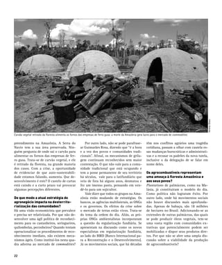 Verena Glass
Carvão vegetal retirado da floresta alimenta os fornos das empresas de ferro gusa: a morte da Amazônia gera lucro para o mercado de commodities

preendimento na Amazônia. A Serra do                  	 Por outro lado, não se pode parafrase-               têm nos conflitos agrários uma tragédia
Navio tem a sua área preservada. Nin-                 ar Guimarães Rosa, dizendo que “é a hora               cotidiana, passam a olhar com cautela es-
guém pergunta de onde sai o carvão para               e a vez dos povos e comunidades tradi-                 sas mudanças burocráticas e administrati-
alimentar os fornos das empresas de fer-              cionais”. Afinal, os mecanismos de grila-              vas e a recusar os padrões da nova tutela,
ro gusa. Trata-se de carvão vegetal, e ele            gem continuam reconhecidos sem maior                   inclusive o da delegação de se falar em
é retirado da floresta, na grande maioria             contestação. O que não vale para a comu-               nome deles.
dos casos. Com a crise, a oportunidade                nidade tradicional que está ocupando e
de evidenciar de que auto-sustentabili-               tem a posse permanente de seu território               Os agrocombustíveis representam
dade estamos falando, aumenta. Que de-                há séculos, vale para o latifundiário que              uma ameaça à floresta Amazônica e
senvolvimento é este? O castelo de cartas             veio de fora há alguns anos, desmatou e                aos seus povos?
está caindo e a curto prazo vai provocar              fez um imenso pasto, pensando em ven-                  Plantations de palmáceas, como na Ma-
algumas percepções diferentes.                        dê-lo para um sojicultor.                              lásia, já constituíram o modelo do dia.
                                                      	 Vale dizer que todos os grupos na Ama-               Como política não lograram êxito. Por
De que modo a atual estratégia do                     zônia estão mudando de estratégias. Os                 outro lado, onde há movimentos sociais
agronegócio impacta na desterrito-                    bancos, as agências multilaterais, as ONGs             não houve discussões mais aprofunda-
rialização das comunidades?                           e os governos. Os efeitos da crise sobre               das. Apenas de babaçu, são 18 milhões
Há uma visão economicista que prevalece               o mercado de terras estão vivos. Trata-se              de hectares no Brasil. Adicionando-se as
e precisa ser relativizada. Por que não de-           do tema da ordem do dia. Aliás, as pró-                extensões de outras palmáceas, das quais
senvolver uma ágil política de reconheci-             prias ONGs ambientalistas incorporaram                 se pode produzir óleos vegetais, tem-se
mento para os castanheiros, seringueiros,             a questão da regularização fundiária. Se               uma vasta região com comunidades ex-
quilombolas, peconheiros? Quando tentam               apresentam na discussão como os novos                  trativas que potencialmente podem ser
operacionalizar os procedimentos de reco-             especialistas em regularização fundiária,              mobilizadas e dispor seus produtos dire-
nhecimento imediato, não existem meca-                ao lado do BIRD [Banco Internacional pa-               tos. Por que não se abre uma ampla dis-
nismos ágeis. Como instituí-los nesta qua-            ra a Reconstrução e o Desenvolvimento].                cussão sobre a viabilidade da produção
dra adversa ao mercado de commodities?                Já os movimentos sociais, que há décadas               de agrocombustíveis?


22
 