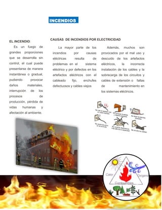 4
La mayor parte de los
incendios por causas
eléctricas resulta de
problemas en el sistema
eléctrico y por defectos en los
artefactos eléctricos con el
cableado fijo, enchufes
defectuosos y cables viejos
Además, muchos son
provocados por el mal uso y
descuido de los artefactos
eléctricos, la incorrecta
instalación de los cables y la
sobrecarga de los circuitos y
cables de extensión o faltas
de mantenimiento en
los sistemas eléctricos.
EL INCENDIO:
Es un fuego de
grandes proporciones
que se desarrolla sin
control, el cual puede
presentarse de manera
instantánea o gradual,
pudiendo provocar
daños materiales,
interrupción de los
procesos de
producción, pérdida de
vidas humanas y
afectación al ambiente.
INCENDIOS
CAUSAS DE INCENDIOS POR ELECTRICIDAD
 
