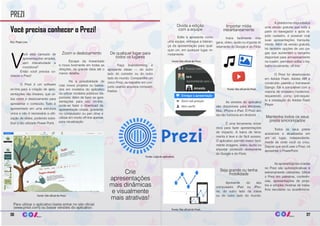 Você precisa conhecer o Prezi! 
Você está cansado de 
apresentações simples, 
sem interatividade e 
monótona? 
Então você precisa co-nhecer 
o Prezi! 
O Prezi é um software 
on-line para a criação de apre-sentações 
não lineares, que uti-liza 
zoom e deslocamento para 
apresentar o conteúdo. Tudo é 
apresentado em uma estrutura 
única e não é necessária a utili-zação 
de slides, podendo subs-tituir 
o tão utilizado Power Point. 
Zoom e deslocamento 
Escape da linearidade 
e mova livremente em todas as 
direções, da grande ideia até o 
menor detalhe. 
Há a possibilidade de 
criar novos projetos ou basea-dos 
em modelos do aplicativo 
ou utilizar modelos públicos dis-poníveis. 
Além de fazer as apre-sentações 
para uso on-line, 
pode-se fazer o download da 
apresentação criada, gravando 
no computador ou pen drive e 
utilizar em modo off-line apenas 
para visualização. 
De qualquer lugar para 
todos os lugares 
Faça brainstorming e 
apresente ideias — do outro 
lado do corredor ou do outro 
lado do mundo. Compartilhe um 
único Prezi, ou trabalhe em con-junto 
usando arquivos comparti-lhados. 
Crie 
apresentações 
mais dinâmicas 
e visualmente 
mais atrativas! 
PREZI 
Por: Thaís Lins 
Fonte: Site oficial do Prezi. 
07 
Divida a edição 
com a equipe 
Edite e apresente como 
uma equipe, entregue a lideran-ça 
da apresentação para qual-quer 
um, em qualquer lugar, re-motamente. 
Fonte: Site oficial do Prezi.. 
Fonte: Logo do aplicativo. 
Para utilizar o aplicativo basta entrar no site oficial 
(www.prezi.com) ou baixar versões do aplicativo. 
Importar mídia 
instantaneamente 
Insira facilmente ima-gens, 
vídeo, áudio ou importe di-retamente 
do Google e do Flickr. 
As versões do aplicativo 
são disponíveis para Windows, 
Mac, iPhone e iPad. O Prezi ain-da 
não funciona em Android. 
É uma ferramenta inova-dora 
para fazer apresentações 
de impacto. A barra de ferra-menta 
é leve e de fácil acesso, 
O aplicativo permite inserir facil-mente 
imagens, vídeo, áudio ou 
importar conteúdo diretamente 
do Google e do Flickr. 
Seja grande ou tenha 
mobilidade 
Apresente do seu 
computador, iPad ou iPho-ne, 
do outro lado da mesa 
ou do outro lado do mundo. 
Fonte: Site oficial do Prezi.. 
Fonte: Site oficial do Prezi.. 
A plataforma disponibiliza 
uma versão gratuita que roda a 
partir do navegador e após rá-pido 
cadastro, é possível criar 
suas apresentações tranquila-mente. 
Além da versão gratuita, 
há também opções de uso pa-gas 
que aumentam o tamanho 
disponível para armazenamento 
na nuvem, permitem editar o tra-balho 
localmente, off-line. 
O Prezi foi desenvolvido 
em Adobe Flash, Adobe AIR e 
construído usando o framework 
Django. Ele é compatível com a 
maioria de browsers modernos, 
requerendo como pré-requisi-to 
a instalação do Adobe Flash 
Player. 
Mantenha todos os seus 
prezis sincronizados 
Todos os seus prezis 
acessíveis e atualizados em 
um só lugar, independente-mente 
de onde você os criou. 
Depois que você usar o Prezi, irá 
aposentar o PowerPoint. 
As apresentações criadas 
no Prezi são autoexplicativas e 
extremamente cativantes. Utilize 
o Prezi em palestras, conferên-cias, 
apresentações de proje-tos 
e simples mostras de traba-lhos 
escolares ou acadêmicos. 
06 
