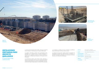 Avance en
ediﬁcio de
concentrado.
16 CUADRILLA Octubre/Diciembre 2020
La construcción del proyecto Port Facilities – EPC para el proyecto
minero Quellaveco es ejecutada por el consorcio Belﬁ-Cosapi.
Los trabajos, retomados en agosto, tras la paralización de las
actividades por la pandemia de la Covid-19, contemplan el
desarrollo de la ingeniería, suministro de equipos mecánicos y
construcción de instalaciones portuarias en la provincia de Ilo
(Moquegua).
Las instalaciones tendrán como función recibir, almacenar y
embarcar concentrado de cobre, que será transportado mediante
volquetes desde Quellaveco, en la sierra de Moquegua. Para ello,
se construirán fajas transportadoras, un almacén de concentrado
Proyectos en Ejecución
Proyectos en Ejecución
Cimentaciones del
ediﬁcio de recepción
de concentrado.
Túnel de
recuperación de
concentrado.
PROYECTO
CLIENTE
PLAZO DE EJECUCIÓN
INICIO DEL PROYECTO
GERENTE DE PROYECTO
UBICACIÓN
N° DE PERSONAS
PORT FACILITIES - ENGINEERING,
PROCUREMENT AND CONSTRUCTION (EPC)
ANGLO AMERICAN QUELLAVECO S.A.
31 meses
10 de mayo del 2019
Jorge Keupuchur (Belﬁ) /
Henry Munayco (Cosapi)
Ilo, Moquegua
550
y se montará un cargador de barcos. Asimismo, se ediﬁcarán
áreas administrativas, accesos y salas de control.
Las labores de construcción cumplen todos los protocolos de
bioseguridad requeridos por Anglo American y el Gobierno. La
ejecución del proyecto contribuye con la reactivación económica
del país y con el desarrollo de Moquegua.
INSTALACIONES
PORTUARIAS PARA
PROYECTO
QUELLAVECO
El consorcio Belﬁ-Cosapi
realiza las obras.
 