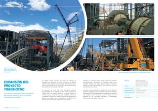 Proyectos Entregados
Proyectos Entregados
Vista frontal del nuevo
ediﬁcio de molienda y
fajas transportadoras en
construcción. Montajes de fajas transportadoras y coberturas del ediﬁcio.
Vista interior del ediﬁcio de molienda con los molinos SAG y Bolas.
En agosto, Cosapi concluyó con éxito los trabajos de
expansión del proyecto de cobre Toromocho, de Minera
Chinalco, cuyo objetivo era incrementar la producción de su
planta concentradora de 117 ktpd (miles de toneladas diarias
de tratamiento de mineral) a 170 ktpd.
La ejecución de esta obra tipo brownﬁeld consistió,
principalmente, en el montaje de dos nuevos molinos: un
molino SAG y un molino Bolas, en un nuevo ediﬁcio de
molienda que se construyó adyacente al ediﬁcio existente en
el proyecto, así como un nuevo circuito de recuperación de
pebbles. Los trabajos fueron ejecutados en sociedad con la
empresa ICSK, sin detener la operación de la planta.
PROYECTO
CLIENTE
PLAZO DE EJECUCIÓN
INICIO DEL PROYECTO
GERENTE DE PROYECTO
UBICACIÓN
N° DE PERSONAS
PROYECTO EXPANSIÓN:
CONSTRUCCIÓN VERTICAL DE
MOLIENDA, RECUPERACIÓN DE
MINERAL GRUESO Y PEBBLES
MINERA CHINALCO PERU S.A.
654 días
16 de diciembre del 2018
Manuel Montenegro
Distrito Morococha, Yauli, Junín
1,300
Asimismo, se realizaron obras civiles menores y montajes
electromecánicos alrededor de molienda. Ente estos
montajes destacan un nuevo patio de ﬁltros armónicos,
montaje de fajas transportadoras, salas eléctricas, torre de
enfriamiento, entre otros.
Las obras fueron paralizadas a mediados de marzo, debido al
estado de emergencia por la pandemia Covid-19; sin embargo,
la aplicación de un detallado plan de recuperación a partir de
julio permitió concluir las obras con éxito. Actualmente, el
proyecto ya se encuentra operando y produciendo
satisfactoriamente, según lo previsto.
18 CUADRILLA Octubre/Diciembre 2020
EXPANSIÓN DEL
PROYECTO
TOROMOCHO
Los trabajos consistieron en el montaje de
dos nuevos molinos y de un circuito de
recuperación de pebbles.
 