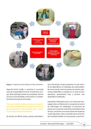 Figura 4 – Programa de intervenção com fotos ilustrativas
Segundo Santos (2008), a coxartrose é a principal
causa de incapacidade funcional. O tratamento cirúr-
gico desta patologia através da artroplastia total da
anca tem como finalidade o alívio da dor e o restabe-
lecimento da função da articulação.
“No nosso estudo nenhuma pessoa da amostra
apresentava dependência completa às 24 horas
do pós-operatório, apresentando toda a amos-
tra uma dependência modificada.”
De acordo com Morais (2010), a pessoa submetida a
esta intervenção cirúrgica apresenta um grau eleva-
do de dependência na realização dos autocuidados.
No nosso estudo nenhuma pessoa da amostra apre-
sentava dependência completa às 24 horas do pós-
operatório, apresentando toda a amostra uma
dependência modificada.
Figueiredo e Abalroado (2010), num estudo de inves-
tigação sobre a influência de um programa de ensino
de enfermagem de reabilitação na autonomia da
pessoa com coxartrose submetida a artroplastia total
da anca, concluíram uma maior autonomia da pessoa
no pós-operatório. Estas conclusões vão ao encontro
dos resultados obtidos no nosso estudo, no qual veri-
Cuid’arte - Revista de Enfermagem maio 2014
11
 