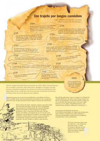 Um trajeto por longos caminhos
Fatos históricos que pontuam o período
relacionado ao Ciclo das Monções.
1709
1719
1725
1729
1748
1791
1758
1750
1726
1736
1718
1720
Paulistas perdem a Guerra dos Emboabas,
que lhes dava o direito de explorar as
Minas Gerais. A partir daí se aventuram
em busca de riquezas.
O sertanista Antônio Pires de Campos, pelo
caminho do Varadouro de Camapuã, chega
à região da atual Cuiabá, onde aprisiona
índios e retorna à capitania de São Paulo.
Os irmãos Leme fundam a Fazenda Camapuã,segundo núcleo povoador luso-brasileiro do Oeste.
Pascoal Moreira Cabral encontra ouro às
margens do córrego Coxipó-Mirim. Surge o
Arraial da Forquilha, origem da cidade de
Cuiabá, iniciando-se o Ciclo das Monções.
Domingos Gomes Beliago funda o Arraial do Beliago,
arranchamento próximo ao atual município de Coxim.
A capitania de Mato Grosso é criada. Antônio Rolim de Moura
Tavares, vindo de Portugal, é nomeado primeiro governador.
Os Guaikuru assinam oTratado de Paz e AmizadeEterna com os portuguesesem Vila Bela.
O Arraial do Beliago é destruído por
indígenas Guaikuru.
O Tratado de Tordesilhas é revogado pelo Tratado
de Madri. Tem início o processo de negociação
para colocar fim às disputas territoriais.
A estrada de Goiás é aberta, reduzindo
o movimento fluvial das Monções.
O governador da capitania de São Paulo, Rodrigo
César de Meneses, realiza expedição com três mil
pessoas, saindo de Porto Feliz (SP) rumo a Cuiabá
(MT), com duração de cinco meses.
Os índios Kaiapó, Paiaguá e Guaikuru,atacam intensamente as Monções que
atravessam o território ocupado por eles.
1826
O naturalista Georg
Langsdorff lidera uma
expedição científica
que refaz o trajeto
monçoeiro.
No livro "Viagem Fluvial do Tietê ao Amazonas de 1825 a 1829", Hércules Florence
faz um amplo e minucioso relato sobre gente, paisagens e situações ocorridas
durante a expedição Langsdorff, que percorreu as províncias brasileiras de São
Paulo, Mato Grosso e Grão-Pará. Do trecho que hoje corresponde ao território
de Mato Grosso do Sul, eis alguns de seus registros:
Espantoso pensar que se percorrem quinhentas e oito léguas de Porto
Feliz a Cuiabá, quase que incessantemente em leitos de rios, ao todo dez,
itinerário esse em que unicamente duas léguas se fazem por chão firme.
Do referido salto para cima se compõe o rio [Pardo] de
campos deleitosos, nos quais, das mesmas canoas em
que se vai navegando, se estão divertindo os olhos em
ver os animais que pastam neles, como são veados
brancos, cervos, lobos, tamanduás-guassu, e da
mesma forma, perdizes, codornizes, curicacas [...]
O Coxim é pitoresco pelas suas
corredeiras [...] As cachoeiras
são numerosas; [...] onde
as canoas se fariam em mil
pedaços. Em várias rochas
vimos inscrições; algumas
datam de 30 anos.
Pelas 2 horas da tarde, seguimos viagem, passando ainda
por entre diversas ilhas. Ao pôr-do-sol, os camaradas,
para festejarem a transposição da cachoeira Beliago,
última até Cuiabá, deram descargas de fuzilaria,
gritaram a valer e cantaram até alta noite. Daí por
diante, com efeito, a navegação faz-se em rios de curso
tranquilo, sem perigos de corredeiras nem obstáculos que
obriguem a descarregar as canoas e, por conseguinte,
a transportar cargas às costas por distâncias não
pequenas. Aí, pois, findam os labores mais penosos.
A navegação do Paraguai foi penosa.
O rio tinha tomado água; as zingas não alcançavam
mais o fundo; os aguaceiros eram contínuos, e
enxames de mosquitos assaltavam os navegantes,
causando-lhes cruéis sofrimentos.
 