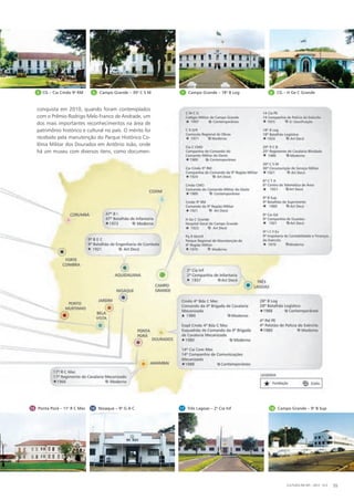 conquista em 2010, quando foram contemplados
com o Prêmio Rodrigo Melo Franco de Andrade, um
dos mais importantes reconhecimentos na área de
patrimônio histórico e cultural no país. O mérito foi
recebido pela manutenção do Parque Histórico Co-
lônia Militar dos Dourados em Antônio João, onde
há um museu com diversos itens, como documen-
6 Campo Grande – 30a
C S M 7 Campo Grande – 18o
B Log 8 CG – H Ge C Grande5 CG – Cia Cmdo 9a
RM
15 Ponta Porã – 11o
R C Mec 16 Nioaque – 9o
G A C 17 Três Lagoas – 2a
Cia Inf 18 Campo Grande – 9o
B Sup
CULTURA EM MS - 2012 - N.5 55
 