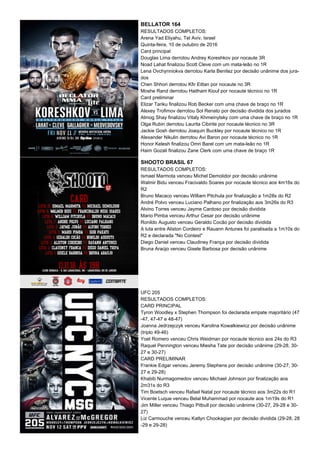 BELLATOR 164
RESULTADOS COMPLETOS:
Arena Yad Eliyahu, Tel Aviv, Israel
Quinta-feira, 10 de outubro de 2016
Card principal
Douglas Lima derrotou Andrey Koreshkov por nocaute 3R
Noad Lahat finalizou Scott Cleve com um mata-leão no 1R
Lena Ovchynniokva derrotou Karla Benitez por decisão unânime dos jura-
dos
Chen Shhori derrotou Kfir Eittan por nocaute no 3R
Moshe Rand derrotou Haitham Kiouf por nocaute técnico no 1R
Card preliminar
Elizar Tariku finalizou Rob Becker com uma chave de braço no 1R
Alexey Trofimov derrotou Sol Renato por decisão dividida dos jurados
Almog Shay finalizou Vitaly Khmeinytsky com uma chave de braço no 1R
Olga Rubin derrotou Laurita Cibirite por nocaute técnico no 3R
Jackie Gosh derrotou Joaquin Buckley por nocaute técnico no 1R
Alexander Nikulin derrotou Avi Baron por nocaute técnico no 1R
Honor Kelesh finalizou Omri Barel com um mata-leão no 1R
Haim Gozali finalizou Zane Clerk com uma chave de braço 1R
SHOOTO BRASIL 67
RESULTADOS COMPLETOS:
Ismael Marmota venceu Michel Demolidor por decisão unânime
Walmir Bidu venceu Fracivaldo Soares por nocaute técnico aos 4m16s do
R2
Bruno Macaco venceu William Pitchula por finalização a 1m28s do R2
André Polvo venceu Luciano Palhano por finalização aos 3m26s do R3
Alvino Torres venceu Jayme Cardoso por decisão dividida
Mario Pimba venceu Arthur Cesar por decisão unânime
Ronildo Augusto venceu Geraldo Cocão por decisão dividida
A luta entre Aliston Cordeiro e Rauann Antunes foi paralisada a 1m10s do
R2 e declarada "No Contest"
Diego Daniel venceu Claudiney França por decisão dividida
Bruna Araújo venceu Gisele Barbosa por decisão unânime
UFC 205
RESULTADOS COMPLETOS:
CARD PRINCIPAL
Tyron Woodley x Stephen Thompson foi declarada empate majoritário (47
-47, 47-47 e 48-47)
Joanna Jedrzejczyk venceu Karolina Kowalkiewicz por decisão unânime
(triplo 49-46)
Yoel Romero venceu Chris Weidman por nocaute técnico aos 24s do R3
Raquel Pennington venceu Miesha Tate por decisão unânime (29-28, 30-
27 e 30-27)
CARD PRELIMINAR
Frankie Edgar venceu Jeremy Stephens por decisão unânime (30-27, 30-
27 e 29-28)
Khabib Nurmagomedov venceu Michael Johnson por finalização aos
2m31s do R3
Tim Boetsch venceu Rafael Natal por nocaute técnico aos 3m22s do R1
Vicente Luque venceu Belal Muhammad por nocaute aos 1m19s do R1
Jim Miller venceu Thiago Pitbull por decisão unânime (30-27, 29-28 e 30-
27)
Liz Carmouche venceu Katlyn Chookagian por decisão dividida (29-28, 28
-29 e 29-28)
 