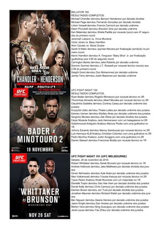 BELLATOR 165
RESULTADOS COMPLETOS:
Michael Chandler derrotou Benson Henderson por decisão dividida
Michael Page derrotou Fernando Gonzalez por decisão dividida
Linton Vassell derrotou Francis Carmont por decisão unânime
Adam Piccolotti derrotou Brandon Girtz por decisão unânime
Keri Melendez derrotou Sheila Padilla por nocaute (soco) aos 47 segun-
dos do primeiro round
Jeremiah Labiano vs. Vince Murdock
Victor Jones vs. Beau Hamilton
Alvin Cacdac vs. Steve Gruber
Sarah D’Alelio derrotou Jaymee Nievara por finalização (armlock) no pri-
meiro round
Aaron Hamilton derrotou K. Ferguson “Baby Slice” Jr. por finalização
(guilhotina) aos 3:00 do segundo round
Carrington Banks derrotou Jake Roberts por decisão unânime
Dominic Sumner derrotou J.T. Roswell por nocaute técnico (socos) aos
2:09 do primeiro round
Dwight Grant derrotou Don Mohammed por decisão unânime
James Terry derrotou Justin Baesman por decisão unânime
UFC FIGHT NIGHT 100
RESULTADOS COMPLETOS:
Ryan Bader derrotou Rogério Minotouro por nocaute técnico no 3R
Thominhas Almeida derrotou Albert Morales por nocaute técnico no 2R
Claudinha Gadelha derrotou Cortney Casey por decisão unânime dos
jurados
Krzysztof Jotko derrotou Thales Leites por decisão unânime dos jurados
Kamaru Usman derrotou Warlley Alves por decisão unânime dos jurados
Serginho Moraes derrotou Zak Ottow por decisão dividida dos jurados
Cézar Mutante finalizou Jack Hermansson com um katagatame no 2R
Gadzhimurad Antigulov finalizou Marcos Pezão com uma guilhotina no
1R
Johnny Eduardo derrotou Manny Gamburyan por nocaute técnico no 2R
Luis Henrique KLB finalizou Christian Colombo com uma guilhotina no 3R
Pedro Munhoz finalizou Justin Scoggins com uma guilhotina no 2R
Darren Stewart derrotou Francimar Bodão por nocaute técnico no 1R
UFC FIGHT NIGHT 101 (UFC MELBOURNE)
Sábado, 26 de novembro de 2016
Robert Whittaker derrotou Derek Brunson por nocaute técnico no 1R
Andrew Holbrook derrotou Jake Matthews por decisão dividida dos jura-
dos
Omari Akhmedov derrotou Kyle Noke por decisão unânime dos jurados
Alex Volkanovski derrotou Yusuke Kasuya por nocaute técnico no 2R
Tyson Pedro finalizou Khalil Rountree com um mata-leão no 1R
Danielle Taylor derrotou Seo Hee Ham por decisão dividida dos jurados
Daniel Kelly derrotou Chris Camozzi por decisão unânime dos jurados
Damien Brown derrotou Jon Tuck por decisão dividida dos jurados
Jonathan Meunier derrotou Richard Walsh por decisão unânime dos jura-
dos
Ben Nguyen derrotou Geane Herrera por decisão unânime dos jurados
Jason Knight derrotou Dan Hooker por decisão unânime dos jurados
Marlon Vera derrotou Ning Guangyou por decisão unânime dos jurados
Jenel Lausa derrotou Yao Zhikui por decisão unânime dos jurados
 