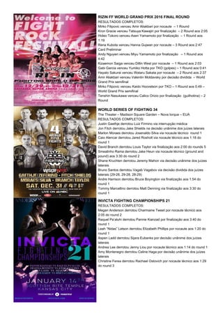 RIZIN FF WORLD GRAND PRIX 2016 FINAL ROUND
RESULTADOS COMPLETOS:
Mirko Filipovic venceu Amir Aliakbari por nocaute – 1 Round
Kron Gracie venceu Tatsuya Kawajiri por finalização – 2 Round aos 2:05
Hideo Tokoro venceu Asen Yamamoto por finalização – 1 Round aos
1:19
Rena Kubota venceu Hanna Gujwan por nocaute – 3 Round aos 2:47
Card Preliminar
Andy Nguyen venceu Miyu Yamamoto por finalização – 1 Round aos
4:42
Kizaemon Saiga venceu Dillin West por nocaute – 1 Round aos 2:03
Gabi Garcia venceu Yumiko Hotta por TKO (golpes) – 1 Round aos 0:41
Hayato Sakurai venceu Wataru Sakata por nocaute – 2 Round aos 2:37
Amir Aliakbari venceu Valentin Moldavsky por decisão dividida – World
Grand Prix semifinal
Mirko Filipovic venceu Kaido Hoovelson por TKO – 1 Round aos 0:49 –
World Grand Prix semifinal
Tenshin Nasukawa venceu Calico Orizio por finalização (guilhotina) – 2
Round
WORLD SERIES OF FIGHTING 34
The Theater – Madison Square Garden – Nova Iorque – EUA
RESULTADOS COMPLETOS:
Justin Gaethje derrotou Luiz Firmino via interrupção médica
Jon Fitch derrotou Jake Shields na decisão unânime dos juízes laterais
Marlon Moraes derrotou Josenaldo Silva via nocaute técnico round 1
Caio Alencar derrotou Jared Rosholt via nocaute técnico aos 1:18 do
round 1
David Branch derrotou Louis Taylor via finalização aos 2:00 do rounds 5
Smealinho Rama derrotou Jake Heun via nocaute técnico (ground and
pound) aos 3:30 do round 2
Shane Kruchten derrotou Jeremy Mahon via decisão unânime dos juízes
laterais
Bruno Santos derrotou Vagab Vagabov via decisão dividida dos juízes
laterais (29-28, 29-28, 28-29)
Andre Harrison derrotou Bruce Boyington via finalização aos 1:54 do
round 1
Tommy Marcellino derrotou Matt Denning via finalização aos 3:30 do
round 1
INVICTA FIGHTING CHAMPIONSHIPS 21
RESULTADOS COMPLETOS:
Megan Anderson derrotou Charmaine Tweet por nocaute técnico aos
2:05 do round 2
Raquel Pa’aluhi derrotou Pannie Kianzad por finalização aos 3:40 do
round 1
Leah “Nidas” Letson derrotou Elizabeth Phillips por nocaute aos 1:20 do
round 1
Aspen Ladd derrotou Sijara Eubanks por decisão unânime dos juízes
laterais
Andrea Lee derrotou Jenny Liou por nocaute técnico aos 1:14 do round 1
Amy Montenegro derrotou Celine Haga por decisão unânime dos juízes
laterais
Christine Ferea derrotou Rachael Ostovich por nocaute técnico aos 1:29
do round 3
 