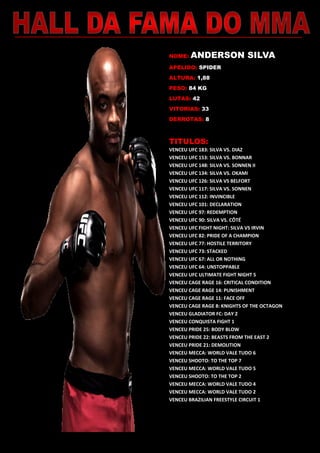 NOME: ANDERSON SILVA
APELIDO: SPIDER
ALTURA: 1,88
PESO: 84 KG
LUTAS: 42
VITORIAS: 33
DERROTAS: 8
TITULOS:
VENCEU UFC 183: SILVA VS. DIAZ
VENCEU UFC 153: SILVA VS. BONNAR
VENCEU UFC 148: SILVA VS. SONNEN II
VENCEU UFC 134: SILVA VS. OKAMI
VENCEU UFC 126: SILVA VS BELFORT
VENCEU UFC 117: SILVA VS. SONNEN
VENCEU UFC 112: INVINCIBLE
VENCEU UFC 101: DECLARATION
VENCEU UFC 97: REDEMPTION
VENCEU UFC 90: SILVA VS. CÔTÉ
VENCEU UFC FIGHT NIGHT: SILVA VS IRVIN
VENCEU UFC 82: PRIDE OF A CHAMPION
VENCEU UFC 77: HOSTILE TERRITORY
VENCEU UFC 73: STACKED
VENCEU UFC 67: ALL OR NOTHING
VENCEU UFC 64: UNSTOPPABLE
VENCEU UFC ULTIMATE FIGHT NIGHT 5
VENCEU CAGE RAGE 16: CRITICAL CONDITION
VENCEU CAGE RAGE 14: PUNISHMENT
VENCEU CAGE RAGE 11: FACE OFF
VENCEU CAGE RAGE 8: KNIGHTS OF THE OCTAGON
VENCEU GLADIATOR FC: DAY 2
VENCEU CONQUISTA FIGHT 1
VENCEU PRIDE 25: BODY BLOW
VENCEU PRIDE 22: BEASTS FROM THE EAST 2
VENCEU PRIDE 21: DEMOLITION
VENCEU MECCA: WORLD VALE TUDO 6
VENCEU SHOOTO: TO THE TOP 7
VENCEU MECCA: WORLD VALE TUDO 5
VENCEU SHOOTO: TO THE TOP 2
VENCEU MECCA: WORLD VALE TUDO 4
VENCEU MECCA: WORLD VALE TUDO 2
VENCEU BRAZILIAN FREESTYLE CIRCUIT 1
 