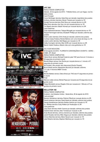 UFC 202
RESULTADOS COMPLETOS:
Sábado, 20 de agosto de 2016 - T-Mobile Arena, em Las Vegas, nos Es-
tados Unidos
Card Principal
Conor McGregor derrotou Nate Diaz por decisão majoritária dos jurados
Anthony Johnson derrotou Glover Teixeira por nocaute no 1R
Donald Cerrone derrotou Rick Story por nocaute técnico no 2R
Mike Perry derrotou Hyn Gyu Lim por nocaute técnico no 1R
Tim Means derrotou Sabah Homasi por nocaute técnico no 2R
Card Preliminar
Cody Garbrandt derrotou Takeya Mizugaki por nocaute técnico no 1R
Raquel Pennington derrotou Elizabeth Phillips por decisão unânime dos
jurados
Artem Lobov derrotou Chris Avila por decisão unânime dos jurados
Cortney Casey finalizou Randa Markos com uma chave de braço no 1R
Lorenz Larkin derrotou Neil Magny por nocaute no 1R
Colby Covington derrotou Max Griffin por nocaute técnico no 3R
Marvin Vettori finalizou Alberto Uda com uma guilhotina no 1R
IVC-15 DA NOVA ERA
20 de agosto de 2016 - FLORESTA CONVENÇÕES E EVENTO - SORO-
CABA, SP, Brasil
RESULTADOS COMPLETOS:
Clécio Bruto venceu Michael Fudencio pela TAP para fora em 3 minutos e
29 segundos do primeiro round.
Brendo Bispo venceu Van Rocha por nocaute técnico a 1 minuto e 57
segundos do primeiro round.
No Contest, olho picado não intencional (Doctor Parado)
Bruno Brasil venceu Alessandro Buccioli por decisão unânime.
13. Luta: 4 Homens MMA Torneio
Final
Brendo Batista venceu Clécio Bruto por TKO aos 47 segundos do primei-
ro round.
Final
Marcos Lolata venceu Michel Papa por nocaute aos 53 segundos do se-
gundo round.
Felipe Micheletti venceu Rogelio Ortiz por nocaute em 1 Minuto e 47 se-
gundos do primeiro round.
BELLATOR 160
RESULTADOS COMPLETOS:
Anaheim, nos Estados Unidos - Sexta-feira, 26 de agosto de 2016
Card principal
Benson Henderson derrotou Patricio Pitbull por nocaute técnico no 2R
Derek Anderson derrotou Saad Awad por decisão unânime dos jurados
Georgi Karakhanyan derrotou Bubba Jenkins por nocaute no 1R
A.J. McKee derrotou Cody Walker por finalização no 2R
Card preliminar
Joey Davis derrotou Keith Cutrone por decisão unânime dos jurados
Gabriel Green derrotou Alex Trinidad por nocaute no 2R
Andy Murad derrotou Johnny Cisneros por decisão unânime dos jurados
Jacob Rosales derrotou Mike Segura por decisão unânime dos jurados
Chinzo Machida derrotou Mario Navarro por nocaute no 1R
Jake Roberts derrotou Stephen Martinez por nocaute no 1R
 