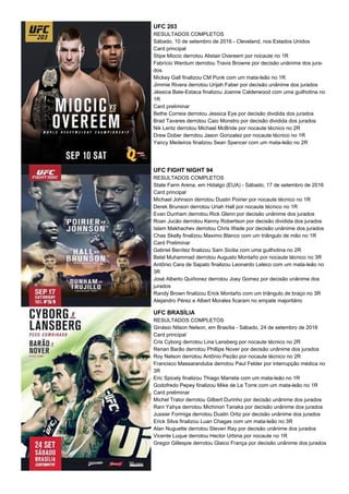 UFC 203
RESULTADOS COMPLETOS
Sábado, 10 de setembro de 2016 - Cleveland, nos Estados Unidos
Card principal
Stipe Miocic derrotou Alistair Overeem por nocaute no 1R
Fabrício Werdum derrotou Travis Browne por decisão unânime dos jura-
dos
Mickey Gall finalizou CM Punk com um mata-leão no 1R
Jimmie Rivera derrotou Urijah Faber por decisão unânime dos jurados
Jéssica Bate-Estaca finalizou Joanne Calderwood com uma guilhotina no
1R
Card preliminar
Bethe Correia derrotou Jessica Eye por decisão dividida dos jurados
Brad Tavares derrotou Caio Monstro por decisão dividida dos jurados
Nik Lentz derrotou Michael McBride por nocaute técnico no 2R
Drew Dober derrotou Jason Gonzalez por nocaute técnico no 1R
Yancy Medeiros finalizou Sean Spencer com um mata-leão no 2R
UFC FIGHT NIGHT 94
RESULTADOS COMPLETOS
State Farm Arena, em Hidalgo (EUA) - Sábado, 17 de setembro de 2016
Card principal
Michael Johnson derrotou Dustin Poirier por nocaute técnico no 1R
Derek Brunson derrotou Uriah Hall por nocaute técnico no 1R
Evan Dunham derrotou Rick Glenn por decisão unânime dos jurados
Roan Jucão derrotou Kenny Robertson por decisão dividida dos jurados
Islam Makhachev derrotou Chris Wade por decisão unânime dos jurados
Chas Skelly finalizou Maximo Blanco com um triângulo de mão no 1R
Card Preliminar
Gabriel Benítez finalizou Sam Sicilia com uma guilhotina no 2R
Belal Muhammad derrotou Augusto Montaño por nocaute técnico no 3R
Antônio Cara de Sapato finalizou Leonardo Leleco com um mata-leão no
3R
José Alberto Quiñonez derrotou Joey Gomez por decisão unânime dos
jurados
Randy Brown finalizou Erick Montaño com um triângulo de braço no 3R
Alejandro Pérez e Albert Morales ficaram no empate majoritário
UFC BRASÍLIA
RESULTADOS COMPLETOS
Ginásio Nilson Nelson, em Brasília - Sábado, 24 de setembro de 2016
Card principal
Cris Cyborg derrotou Lina Lansberg por nocaute técnico no 2R
Renan Barão derrotou Phillipe Nover por decisão unânime dos jurados
Roy Nelson derrotou Antônio Pezão por nocaute técnico no 2R
Francisco Massaranduba derrotou Paul Felder por interrupção médica no
3R
Eric Spicely finalizou Thiago Marreta com um mata-leão no 1R
Godofredo Pepey finalizou Mike de La Torre com um mata-leão no 1R
Card preliminar
Michel Trator derrotou Gilbert Durinho por decisão unânime dos jurados
Rani Yahya derrotou Michinori Tanaka por decisão unânime dos jurados
Jussier Formiga derrotou Dustin Ortiz por decisão unânime dos jurados
Erick Silva finalizou Luan Chagas com um mata-leão no 3R
Alan Nuguette derrotou Steven Ray por decisão unânime dos jurados
Vicente Luque derrotou Hector Urbina por nocaute no 1R
Gregor Gillespie derrotou Glaico França por decisão unânime dos jurados
 