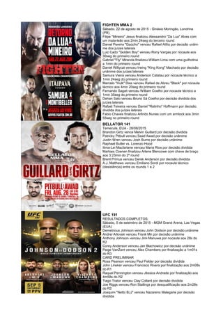 FIGHTEN MMA 2
Sábado, 22 de agosto de 2015 - Ginásio Moringão, Londrina
(PR)
Filipe "Mineiro" Jesus finalizou Alessandro "Da Lua" Alves com
um mata-leão aos 2min 24seg do terceiro round
Daniel Pereira "Gaúcho" venceu Rafael Atílio por decisão unâni-
me dos juízes laterais
Luiz Cado "Golden Boy" venceu Rony Vargas por nocaute aos
30seg do primeiro round
Gabriel "Fly" Miranda finalizou William Lima com uma guilhotina
a 1min do primeiro round
Daniel Willycat venceu Irwing "King Kong" Machado por decisão
unânime dos juízes laterais
Samura Vieira venceu Anderson Catatau por nocaute técnico a
1min 24seg do primeiro round
Marcelo "Hulk" Dias venceu Rafael de Abreu "Black" por nocaute
técnico aos 4min 20seg do primeiro round
Fernando Sagati venceu William Coelho por nocaute técnico a
1min 35seg do primeiro round
Dehan Sato venceu Bruno Sá Coelho por decisão dividida dos
juízes laterais
Rafael Teixeira venceu Daniel "Ratinho" Hoffmann por decisão
dividida dos juízes laterais
Fabio Chaves finalizou Arlindo Nunes com um armlock aos 3min
55seg no primeiro round
BELLATOR 141
Temecula, EUA - 28/08/2015
Brandon Girtz vence Melvin Guillard por decisão dividida
Patricky Pitbull venceu Saad Awad por decisão unânime
Justin Wren venceu Josh Burns por decisão unânime
Raphael Butler vs. Lorenzo Hood
Ilima-Lei Macfarlane venceu Maria Rios por decisão dividida
Marloes Coenen finalizou Arlene Blencowe com chave de braço
aos 3:23min do 2º round
Brent Primus venceu Derek Anderson por decisão dividida
A.J. Matthews venceu Emiliano Sordi por nocaute técnico
(desistência) entre os rounds 1 e 2
UFC 191
RESULTADOS COMPLETOS:
Sábado, 5 de setembro de 2015 - MGM Grand Arena, Las Vegas
(EUA)
Demetrious Johnson venceu John Dodson por decisão unânime
Andrei Arlovski venceu Frank Mir por decisão unânime
Anthony Johnson venceu Jimi Manuwa por nocaute aos 28s do
R2
Corey Anderson venceu Jan Blachowicz por decisão unânime
Paige VanZant venceu Alex Chambers por finalização a 1m01s
do R3
CARD PRELIMINAR
Ross Pearson venceu Paul Felder por decisão dividida
John Lineker venceu Francisco Rivera por finalização aos 2m08s
do R1
Raquel Pennington venceu Jéssica Andrade por finalização aos
4m58s do R2
Tiago Trator venceu Clay Collard por decisão dividida
Joe Riggs venceu Ron Stallings por desqualificação aos 2m28s
do R2
Joaquim "Netto BJJ" venceu Nazareno Malegarie por decisão
dividida
 