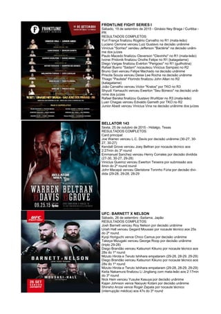 FRONTLINE FIGHT SERIES I
Sábado, 19 de setembro de 2015 - Ginásio Ney Braga / Curitiba -
PR
RESULTADOS COMPLETOS:
Yuri França finalizou Rogério Carvalho no R1 (mata-leão)
Luciano Cerrone venceu Luiz Gustavo na decisão unânime
Vinícius "Sorriso" vendeu Jefferson "Bactéria" na decisão unâni-
me dos juízes
Paulo Macedo finalizou Cleverson "Clevinho" no R1 (mata-leão)
Ivonei Pridonik finalizou Onofre Felipe no R1 (katagatame)
Diego Vargas finalizou Evérton "Perigoso" no R1 (guilhotina)
Rafael Bueno "Sadam" nocauteou Vinicius Sampaio no R2
Bruno Gari venceu Felipe Machado na decisão unânime
Priscila Souza venceu Deise Lee Rocha na decisão unânime
Thiago "Paulista" Florindo finalizou John Allan no R2
(katagatame)
João Carvalho venceu Victor "Kratos" por TKO no R3
Shyudi Yamauchi venceu Ewerton "Seu Boneco" na decisão unâ-
nime dos juízes
Rafael Baraka finalizou Gustavo Wurlitzer no R3 (mata-leão)
Luan Chagas venceu Edvaldo Gameth por TKO no R2
Junior Abedi venceu Vinicius Vina na decisão unânime dos juízes
BELLATOR 143
Sexta, 25 de outubro de 2015 - Hidalgo, Texas
RESULTADOS COMPLETOS:
Card principal:
Joe Warren venceu L.C. Davis por decisão unânime (30-27, 30-
27, 30-27)
Kendall Grove venceu Joey Beltran por nocaute técnico aos
2:27min do 3º round
Emmanuel Sanchez venceu Henry Corrales por decisão dividida
(27-30, 30-27, 29-28)
Vinicius Queiroz venceu Ewerton Teixeira por submissão aos
4min do 2º round round
John Macapá venceu Gleristone Toninho Fúria por decisão divi-
dida (29-28, 29-28, 28-29
UFC: BARNETT X NELSON
Sábado, 26 de setembro -Saitama, Japão
RESULTADOS COMPLETOS:
Josh Barnett venceu Roy Nelson por decisão unânime
Uriah Hall venceu Gegard Mousasi por nocaute técnico aos 25s
do 2º round
Kyoji Horiguchi vence Chico Camus por decisão unânime
Takeya Mizugaki venceu George Roop por decisão unânime
(triplo 29-28)
Diego Brandão venceu Katsunori Kikuno por nocaute técnico aos
28s do 1º round
Mizuto Hirota e Teruto Ishihara empataram (29-28, 28-29, 29-29)
Diego Brandão venceu Katsunori Kikuno por nocaute técnico aos
28s do 1º round
Mizuto Hirota e Teruto Ishihara empataram (29-28, 28-29, 29-29)
Keita Nakamura finalizou Li Jingliang com mata-leão aos 2:17min
do 3º round
Nick Hein venceu Yusuke Kasuya por decisão unânime
Kajan Johnson vence Naoyuki Kotani por decisão unânime
Shinsho Anzai vence Roger Zapata por nocaute técnico
(interrupção médica) aos 47s do 3º round
 