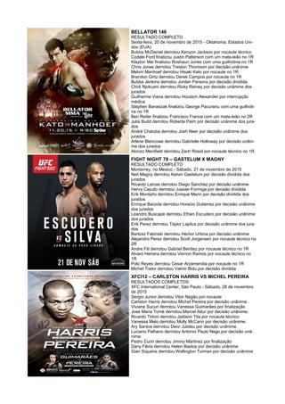 BELLATOR 146
RESULTADO COMPLETO
Sexta-feira, 20 de novembro de 2015 - Oklahoma, Estados Uni-
dos (EUA)
Bubba McDaniel derrotou Kenyon Jackson por nocaute técnico
Codale Ford finalizou Justin Patterson com um mata-leão no 1R
Klayton Mai finalizou Roshaun Jones com uma guilhotina no 1R
Chris Jones derrotou Treston Thomison por decisão unânime
Melvin Manhoef derrotou Hisaki Kato por nocaute no 1R
Brandon Girtz derrotou Derek Campos por nocaute no 1R
Bubba Jenkins derrotou Jordan Parsons por decisão dividida
Chidi Njokuani derrotou Ricky Rainey por decisão unânime dos
jurados
Guilherme Viana derrotou Houston Alexander por interrupção
médica
Stephen Banaszak finalizou George Pacurariu com uma guilhoti-
na no 1R
Ben Reiter finalizou Francisco France com um mata-leão no 2R
Julia Budd derrotou Roberta Paim por decisão unânime dos jura-
dos
André Chatuba derrotou Josh Neer por decisão unânime dos
jurados
Arlene Blencowe derrotou Gabrielle Holloway por decisão unâni-
me dos jurados
Alonzo Menifield derrotou Zach Rosol por nocaute técnico no 1R
FIGHT NIGHT 78 – GASTELUM X MAGNY
RESULTADO COMPLETO
Monterrey, no México - Sábado, 21 de novembro de 2015
Neil Magny derrotou Kelvin Gastelum por decisão dividida dos
jurados
Ricardo Lamas derrotou Diego Sanchez por decisão unânime
Henry Cejudo derrotou Jussier Formiga por decisão dividida
Erik Montaño derrotou Enrique Marin por decisão dividida dos
jurados
Enrique Barzola derrotou Horacio Gutierrez por decisão unânime
dos jurados
Leandro Buscapé derrotou Efrain Escudero por decisão unânime
dos jurados
Erik Perez derrotou Taylor Lapilus por decisão unânime dos jura-
dos
Bartosz Fabinski derrotou Hector Urbina por decisão unânime
Alejandro Perez derrotou Scott Jorgensen por nocaute técnico no
2R
Andre Fili derrotou Gabriel Benitez por nocaute técnico no 1R
Alvaro Herrera derrotou Vernon Ramos por nocaute técnico no
1R
Polo Reyes derrotou Cesar Arzamendia por nocaute no 1R
Michel Trator derrotou Valmir Bidu por decisão dividida
XFCI12 – CARLSTON HARRIS VS MICHEL PEREIRA
RESULTADOS COMPLETOS:
XFC International Center, São Paulo - Sábado, 28 de novembro
de 2015
Sergio Junior derrotou Vitor Negão por nocaute
Carlston Harris derrotou Michel Pereira por decisão unânime .
Viviane Sucuri derrotou Vanessa Guimarães por finalização
José Maria Tomé derrotou Marcel Adur por decisão unânime.
Ricardo Tirloni derrotou Jadison Tita por nocaute técnico
Vanessa Melo derrotou Molly McCann por decisão unânime.
Ary Santos derrotou Deivi Jubileu por decisão unânime.
Luciano Palhano derrotou Antonio Paulo Nego por decisão unâ-
nime.
Pedro Curiri derrotou Jimmy Martinez por finalização
Dany Fênix derrotou Helen Bastos por decisão unânime
Gian Siqueira derrotou Wellington Turman por decisão unânime
 