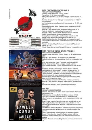 RIZIN FIGHTIN FEDERATION (DIA 1)
RESULTADOS COMPLETOS:
Saitama Super Arena, em Tóquio, Japão -
Terça-feira, 29 de dezembro de 2015
Shinya Aoki derrotou Kazushi Sakuraba por nocaute técnico no
1R
Nemkov derrotou Goran Reljic por nocaute técnico no 1R (GP
dos pesados)
Jiri Prochazka derrotou Satoshi Ishii por nocaute no 1R (GP dos
pesados)
Aukstuolis derrotou Bruno Cappelozza por nocaute no 1R (GP
dos pesados)
King Mo Lawal derrotou Brett McDermott por nocaute no 1R
Valentin Moldovsky finalizou Yuta Uchida no 1R
Hiroyuki Takaya derrotou Dalki Hata por decisão unânime
Hideo Tokoro finalizou Kizaemon Saiga no 1R
Anatoly Tokov derrotou A.J. Matthews por nocaute no 1R
Felipe Efrain derrotou Yuki Motoya por nocaute no 1R*
Kirill Sidelnikov derrotou Carlos Toyota por nocaute técnico n
Tsuyoshi Kohsaka derrotou James Thompson por nocaute técni-
co no 2R
Kawabe derrotou Akiyo Nishiura por nocaute no 3R (luta com
regras do K-1)
Hinata Watanabe derrotou Kazuyuki Miyata por nocaute técnico
RIZIN FIGHTING WORLD GRAND PRIX 2015
RESULTADOS COMPLETOS:
Saitama Super Arena, em Tóquio, Japão - 31 de dezembro de
2015
King Mo Lawal derrotou Jiri Prochazka por nocaute R1
Fedor Emelianenko derrotou Jaideep Singh por nocaute técnico
R1
Kron Gracie derrotou Erson Yamamoto por finalização R1
Baruto Kaito derrotou Peter Aerts por decisão unânime
Andy Souwer derrotou Yuchiro Nagashima por nocaute técnico
R1
Bob Sapp derrotou Akebono por decisão técnica unânime
Gabrielle Garcia derrotou Lei’d Tapa por nocaute técnico R1
Soo Chul Kim derrotou Maike Linhares por decisão unânime
Takeru derrotou Yang Ming por nocaute técnico (interrupção do
árbitro) no segundo round- Luta de Kickboxing
Brennan Ward derrotou Ken Hasegawa por finalização (mata-
leão) a 1:52 do segundo round
Jiri Prochazka derrotou Vadim Nemkov por nocaute técnico
King Mo Lawal derrotou Teodoras Aukstuolis por decisão unâni-
me
Rena Kubota derrotou Jleana Valentino por finalização
UFC 195
RESULTADOS COMPLETOS:
Sábado, 2 de janeiro de 2016 - MGM Grand Garden Arena, em
Las Vegas (EUA)
Robbie Lawler derrotou Carlos Condit por decisão dividida
Stipe Miocic derrotou Andrei Arlovski por nocaute no 1R
Albert Tumenov derrotou Lorenz Larkin por decisão dividida dos
jurados
Brian Ortega finalizou Diego Brandão com um triângulo no 3R
Abel Trujillo finalizou Tony Sims com uma guilhotina no 1R
Michael McDonald finalizou Masanori Kanehara com um mata-
leão no 2R
Alex Morono derrotou Kyle Noke por decisão dividida dos jurados
Justine Kish derrotou Nina Ansaroff por decisão unânime dos
jurados
Drew Dober derrotou Scott Holtzman por decisão unânime
Dustin Poirier derrotou Joseph Duffy por decisão unânime
Michinori Tanaka derrotou Joe Soto por decisão dividida dos
jurados
Sheldon Westcott derrotou Edgar Garcia por nocaute técnico no
1R
 
