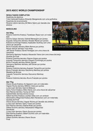 2015 ADCC WORLD CHAMPIONSHIP
RESULTADOS COMPLETOS:
Superluta de abertura
Yves Carbinatti finalizou Eduardo Mangaravite com uma guilhotina
Superluta de encerramento
Ricardo Libório derrotou Zé Mário Sperry por decisão dos
árbitros
MASCULINO
Até 66kg
Rubens Cobrinha finalizou Tezekbaev Rasul com um mata-
leão
Gianne Grippo derrotou Gabriel Marangoni por pontos
Augusto Tanquinho derrotou Nicolas Renier por pontos
Edward Cummings finalizou Asadulaev Surkhay com uma
chave de calcanhar
Bruno Frazzato derrotou Mark Ramos por pontos
Renan Sancar derrotou Yuto Hirao
Jeff Glover finalizou Daniel Hortegas com uma chave de
calcanhar
Geovanny Martinez finalizou Alexandre Vieira com uma chave de braço
Quartas de Final
Rubens Cobrinha derrotou Gianne Grippo por pontos
Augusto Tanquinho derrotou Edward Cummings por pontos
Bruno Frazzato derrotou Renan Sancar
Geovanny Martinez derrotou Jeff Glover por pontos
Semifinais
Rubens Cobrinha derrotou Augusto Tanquinho por pontos
Bruno Frazzato derrotou Geovanny Martinez por pontos
Medalha de Bronze
Augusto Tanquinho derrotou Geovanny Martinez
Final
Rubens Cobrinha derrotou Bruno Frazzato por pontos
Até 77kg
Otavio Souza finalizou AJ Agazarm com um mata-leão
Vagner Rocha derrotou Miltinho Vieira por pontos
Lucas Lepri derrotou Gamrot Mateusz
Garry Tonon finalizou Dillon Danis com uma chave de calcanhar
Davi Ramos derrotou Young am Noh
Gabriel Rollo derrotou Enrico Cocco
Gilbert Durinho finalizou Lachlan Giles com um armlock
Abdukadirov Magomed finalizou Ben Henderson com um mata-leão
Quartas de Final
Otavio Souza derrotou Vagner Rocha por decisão dos árbitros
Lucas Lepri derrotou Garry Tonon por pontos
Davi Ramos derrotou Gabriel Rollo por pontos
Gilbert Durinho derrotou Abdukadirov Magomed
Semifinais
Lucas Lepri derrotou Otavio Souza por pontos
Davi Ramos finalizou Gilbert Durinho com um mata-leão
Medalha de Bronze
Gilbert Durinho derrotou Otavio Souza
Final
André Galvão derrotou Roberto Cyborg por pontos
 