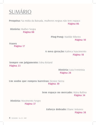 4 - DANDARA - No. 01 - 2007
SUMÁRIO
Pesquisa: Na mídia da Baixada, mulheres negras não tem espaço
Página 06
História: Mulher Negra
Página 08
Ping-Pong: Matilde Ribeiro
Página 10
Frases
Página 17
A nova geração: Kalinca Nascimento
Página 18
Sempre em Julgamento: Edna Roland
Página 23
História: Luta Feminista
Página 28
Um sonho que rompeu barreiras: Denize Sierra
Página 30
Sem espaço no mercado: Alzira Rufino
Página 34
História: Movimento Negro
Página 37
Esforço dobrado: Eliane Antunes
Página 38
 