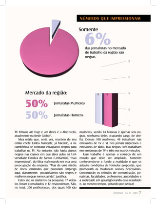 DANDARA - No. 01 - 2007- 7
TV Tribuna até hoje e um deles é o Abel Neto,
atualmente na Rede Globo”.
Silva relata que, certa vez, recebeu de seu
então chefe Carlos Manente, já falecido, a in-
cumbência de contratar estagiários negros para
trabalhar na TV. No entanto, não havia alunos
negros nas classes em que dava aulas na Uni-
versidade Católica de Santos (UniSantos). “Isso
impressiona”, diz Silva reafirmando ser esta uma
preocupação da empresa. “Mas de uma média
de cinco jornalistas que procuram emprego
aqui, diariamente, pouquíssimos são negros e
mulheres negras menos ainda”, justifica.
Estes são os números da pesquisa: 17 veícu-
los foram consultados e 12 responderam. São,
no total, 200 profissionais, dos quais 100 são
mulheres, sendo 94 brancas e apenas seis ne-
gras, nenhuma delas ocupando cargo de che-
fia. Dessas 100 mulheres, 49 trabalham nas
emissoras de TV e 51 nos jornais impressos e
emissoras de rádio. Das negras, três trabalham
em emissoras de TV e três nos outros veículos.
Esse trabalho é apenas o começo de um
estudo que deve ser ampliado. Somente
conhecendo-se a fundo a realidade é que se
adquire condições de formular propostas, que
promovam as mudanças sociais necessárias.
Continuarão os veículos de comunicação, jor-
nalistas, faculdades, professores, autoridades e
a sociedade em geral ignorando esse resultado
e, ao mesmo tempo, gritando por justiça?
6%
Somente
das jornalistas no mercado
de trabalho da região são
negras.
NÚMEROS QUE IMPRESSIONAM
Mercado da região:
50% Jornalistas Homens
50% Jornalistas Mulheres
 