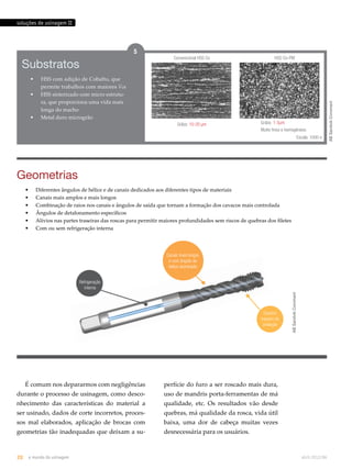 soluções de usinagem II 
Substratos 
• HSS com adição de Cobalto, que 
permite trabalhos com maiores Vcs 
• HSS sinterizado com micro estrutu-ra, 
que proporciona uma vida mais 
longa do macho 
• Metal duro microgrão 
Geometrias 
• Diferentes ângulos de hélice e de canais dedicados aos diferentes tipos de materiais 
• Canais mais amplos e mais longos 
• Combinação de raios nos canais e ângulos de saída que tornam a formação dos cavacos mais controlada 
• Ângulos de detalonamento específicos 
• Alívios nas partes traseiras das roscas para permitir maiores profundidades sem riscos de quebras dos filetes 
• Com ou sem refrigeração interna 
É comum nos depararmos com negligências 
durante o processo de usinagem, como desco-nhecimento 
das características do material a 
ser usinado, dados de corte incorretos, proces-sos 
mal elaborados, aplicação de brocas com 
geometrias tão inadequadas que deixam a su-perfície 
do furo a ser roscado mais dura, 
uso de mandris porta-ferramentas de má 
qualidade, etc. Os resultados vão desde 
quebras, má qualidade da rosca, vida útil 
baixa, uma dor de cabeça muitas vezes 
desnecessária para os usuários. 
AB Sandvik Coromant 
AB Sandvik Coromant 
Convencional HSS Co 
Grãos: 10-20 μm Grãos: 1-3μm 
Muito finos e homogêneos 
Escala: 1000-x 
HSS-Co-PM 
5 
Canais mais longos 
e com ângulo de 
hélice acentuado 
Chanfro 
traseiro de 
proteção 
Refrigeração 
interna 
20 o mundo da usinagem abril.2012/86 
 