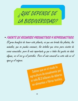 12
• FUENTE DE RECURSOS PRODUCTIVOS Y REPRODUCTIVOS:
El gran beneficio de tener este planeta, es que nos brinda las plantas, los
animales, que se pueden consumir, los árboles que sirve para cientos de
cosas esenciales. pero lo más importante y que a todos les gusta sin duda
alguna, es el oro y el petróleo. Pero el más esencial en esta vida es el
agua y el oxígeno.
¿QUE DEPENDE DE
LA BIODIVERSIDAD?
 