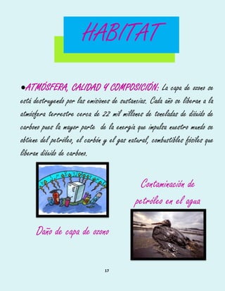 17
ATMÓSFERA, CALIDAD Y COMPOSICIÓN: La capa de ozono se
está destruyendo por las emisiones de sustancias. Cada año se liberan a la
atmósfera terrestre cerca de 22 mil millones de toneladas de dióxido de
carbono pues la mayor parte de la energía que impulsa nuestro mundo se
obtiene del petróleo, el carbón y el gas natural, combustibles fósiles que
liberan dióxido de carbono.
Daño de capa de ozono
HABITAT
Contaminación de
petróleo en el agua
 