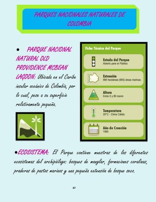 47
 PARQUE NACIONAL
NATURAL OLD
PROVIDENCE MCBEAN
LAGOON: Ubicada en el Caribe
insular oceánico de Colombia, por
lo cual, pese a su superficie
relativamente pequeña.
ECOSISTEMA: El Parque contiene muestras de los diferentes
ecosistemas del archipiélago: bosques de manglar, formaciones coralinas,
praderas de pastos marinos y una pequeña extensión de bosque seco.
PARQUES NACIONALES NATURALES DE
COLOMBIA
 