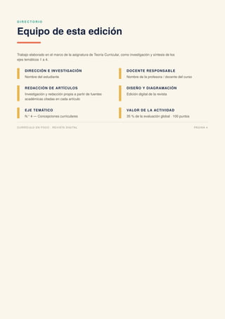D I R E C T O R I O
Equipo de esta edición
Trabajo elaborado en el marco de la asignatura de Teoría Curricular, como investigación y síntesis de los
ejes temáticos 1 a 4.
DIRECCIÓN E INVESTIGACIÓN
Nombre del estudiante
DOCENTE RESPONSABLE
Nombre de la profesora / docente del curso
REDACCIÓN DE ARTÍCULOS
Investigación y redacción propia a partir de fuentes
académicas citadas en cada artículo
DISEÑO Y DIAGRAMACIÓN
Edición digital de la revista
EJE TEMÁTICO
N.° 4 — Concepciones curriculares
VALOR DE LA ACTIVIDAD
35 % de la evaluación global · 100 puntos
CURRÍCULO EN FOCO · REVISTA DIGITAL PÁGINA 4
 