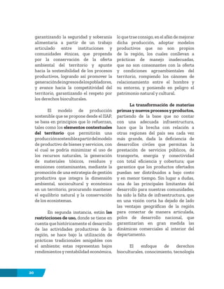 20
garantizando la seguridad y soberanía
alimentaria a partir de un trabajo
articulado entre instituciones y
comunidades étnicas, que propenda
por la conservación de la oferta
ambiental del territorio y apunte
hacia la sostenibilidad de los procesos
productivos, logrando así promover la
generacióndeingresosdelospobladores,
y avance hacia la competitividad del
territorio, garantizando el respeto por
los derechos bioculturales.
El modelo de producción
sostenible que se propone desde el IIAP,
se basa en principios que lo refuerzan,
tales como los elementos contextuales
del territorio que permitirán una
producciónsostenibleapartirdelmodelo
de productivo de bienes y servicios, con
el cual se podría minimizar el uso de
los recursos naturales, la generación
de materiales tóxicos, residuos y
emisiones contaminantes, mediante la
promoción de una estrategia de gestión
productiva que integra la dimensión
ambiental, sociocultural y económica
en un territorio, procurando mantener
el equilibrio natural y la conservación
de los ecosistemas.
En segunda instancia, están las
restricciones de uso, donde se tiene en
cuenta que históricamente el desarrollo
de las actividades productivas de la
región, se hace bajo la utilización de
prácticas tradicionales amigables con
el ambiente; estas representan bajos
rendimientos y rentabilidad económica,
lo que trae consigo, en el afán de mejorar
dicha producción, adoptar modelos
productivos que no son propios
de la región, los cuales conllevan a
prácticas de manejo inadecuadas,
que no son consonantes con la oferta
y condiciones agroambientales del
territorio, rompiendo los cánones de
relacionamiento entre el hombre y
su entorno, y poniendo en peligro el
patrimonio natural y cultural.
La transformación de materias
primas y nuevos procesos y productos,
partiendo de la base que no contar
con una adecuada infraestructura,
hace que la brecha con relación a
otras regiones del país sea cada vez
más grande, dada la deficiencia de
desarrollos civiles que permitan la
prestación de servicios públicos, de
transporte, energía y conectividad
con total eficiencia y cobertura; que
garantice que los productos ofertados
puedan ser distribuidos a bajo costo
y en menor tiempo. Sin lugar a dudas,
una de las principales limitantes del
desarrollo para nuestras comunidades,
ha sido la falta de infraestructura, que
en una visión corta ha dejado de lado
las ventajas geográficas de la región
para conectar de manera articulada,
polos de desarrollo nacional, que
garantizarían en gran medida las
dinámicas comerciales al interior del
departamento.
El enfoque de derechos
bioculturales, conocimiento, tecnología
 
