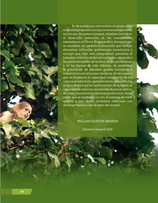 22
Es de anotar que este modelo de producción
sosteniblepropuesto,incorporavariascategoríasde
acciónque,demaneraintegral,deberíancontribuir
al desarrollo sostenible de las comunidades
asentadas en el Chocó Biogeográfico. Así entonces,
se considera un verdadero desarrollo que incluya
elementos culturales, ambientales, económicos y
sociales que, bajo esta integralidad, permitan el
bienestar colectivo de las comunidades, adaptado a
las particularidades de la zona, de los ecosistemas
y de las formas de vida. Además, de posibilitar
la generación de procesos locales sinérgicos e
interactivos con entornos cercanos, de tal manera
que se fortalezca la capacidad competitiva de los
centros productivos, que permitirán adquirir a los
grupos étnicos y a las instituciones de la región la
capacidaddevalorizarsuentorno,deactuarjuntos,
de crearvínculos entre sectores productivos, de tal
modo que se mantenga in-situ el máximo de valor
añadido y, por último, establecer relaciones con
otros territorios y con el resto del mundo.
WILLIAM KLINGER BRAHAN
Director General IIAP
22
 