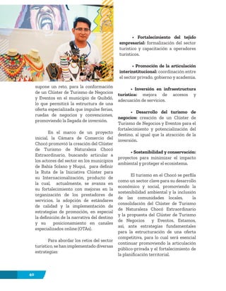 40
supone un reto, para la conformación
de un Clúster de Turismo de Negocios
y Eventos en el municipio de Quibdó,
lo que permitirá la estructura de una
oferta especializada que impulse ferias,
ruedas de negocios y convenciones,
promoviendo la llegada de inversión.
En el marco de un proyecto
inicial, la Cámara de Comercio del
Chocó promovió la creación del Clúster
de Turismo de Naturaleza Chocó
Extraordinario, buscando articular a
los actores del sector en los municipios
de Bahía Solano y Nuquí, para definir
la Ruta de la Iniciativa Clúster para
su Internacionalización, producto de
la cual, actualmente, se avanza en
su fortalecimiento con mejoras en la
organización de los prestadores de
servicios, la adopción de estándares
de calidad y la implementación de
estrategias de promoción, en especial
la definición de la narrativa del destino
y su posicionamiento en canales
especializados online (OTAs).
Para abordar los retos del sector
turístico, se han implementado diversas
estrategias:
• Fortalecimiento del tejido
empresarial: formalización del sector
turístico y capacitación a operadores
turísticos.
• Promoción de la articulación
interinstitucional: coordinación entre
el sector privado, gobierno y academia.
• Inversión en infraestructura
turística: mejora de accesos y
adecuación de servicios.
• Desarrollo del turismo de
negocios: creación de un Clúster de
Turismo de Negocios y Eventos para el
fortalecimiento y potencialización del
destino, al igual que la atracción de la
inversión.
• Sostenibilidad y conservación:
proyectos para minimizar el impacto
ambiental y proteger el ecosistema.
El turismo en el Chocó se perfila
como un sector clave para su desarrollo
económico y social, promoviendo la
sostenibilidad ambiental y la inclusión
de las comunidades locales, la
consolidación del Clúster de Turismo
de Naturaleza Chocó Extraordinario
y la propuesta del Clúster de Turismo
de Negocios y Eventos. Estamos,
así, ante estrategias fundamentales
para la estructuración de una oferta
competitiva, para lo cual será esencial
continuar promoviendo la articulación
público-privada y el fortalecimiento de
la planificación territorial.
 