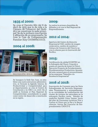 7
1935 al 2000:
1935 al 2000:
Se crea el Decreto 662 del 8 de
abril de 1935 que le da vida a la
Cámara de Comercio del Quib-
dó y se construye la sede princi-
pal. Se da la primera inscripción
y afiliación de un empresario. Se
crea la Caja de Compensación
Familiar (hoy COOMFACOCÓ).
2004 al 2008:
2004 al 2008:
Se Inaugura la Sede San Juan, se esta-
blece una nueva estructura administra-
tiva, se formula la Agenda Interna de
Productividad y Competitividad para
el departamento, se crea el Centro de
Conciliación y la CRC+1 en 2007. En el
2008 se formula el Plan Regional de
Competitividad, consolidando su papel
como motor de desarrollo e innovación
en la región.
2009:
2009:
Se realiza la primera Asamblea de
Afiliados y se crea la Red Regional de
Emprendimiento.
2012 al 2014:
2012 al 2014:
Apertura del Centro de Atención
Empresarial CAE, cambio de imagen
corporativa, cambio de nombre a
Cámara de Comercio del Chocó y se
crea la alianza para la Innovación del
Pacífico.
2015:
2015:
Certificación de calidad ICONTEC en
la Subregión del Chocó. Creación y
puesta en marcha de Invest In Chocó.
Ejecución Proyecto de Fortalecimiento
Encadenamientos Productivos. Apuesta
del ente cameral para el reconocimiento
de las empresas “Galardón a la
Excelencia Empresarial”
2016 al 2018:
2016 al 2018:
Suscripción de Convenio para las Feria
Subregionales de Servicios Empresar-
iales. Dinamización y acompañamien-
to en actividades de conformación del
cluster de turismo de naturaleza en la
subregión Pacífico norte. Estudio de
medición Quibdó Cómo Vamos. Inicio
del plan de Caravanas turísticas Vive y
Conoce el Choco por la Paz y la Recon-
ciliación. Inicios del Concurso de Em-
prendimiento CHOCÓ E.
Cámara de Comercio del Chocó - Sede San Juan
 