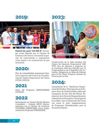8
2019:
2019:
Festival de canto "LA VOZ E" estrate-
gia social liderada por la Cámara de
Comercio del Chocó, vinculando al gre-
mio de comerciantes y empresarios
como aporte a la construcción de paz
territorial.
2020:
2020:
Plan de sostenibilidad empresarial Sani-
tario. Apertura del Centro de Transfor-
mación Digital Empresarial del Chocó
(CTDE-CHOCÓ).
2021
2021
Inicio del Programa MINICADENAS
LOCALES.
2022
2022
Participación en Central Florida Bisness
Conventión – Orlando EEUU. Herma-
namiento con la Cámara de Comercio
COLOMBO AMERICANA. Inicio Imple-
mentación Programa FORTALESER.
2023:
2023:
Construcción de la Sede Auxiliar del
Centro de Atención Empresarial CAE
VUE. Gira de alianzas y negocios en
el continente Africano liderado por la
Vicepresidencia de la República de Co-
lombia. Delegación en Mesa de Diálogo
para la Paz Total. Proyecto Jóvenes en
Ciencia para la Paz
2024:
2024:
Lanzamiento de la Plataforma Empre-
sarialdelPacífico.ParticipaciónenlaPri-
mera Feria de Productividad y Mercado
Campesino de San José del Palmar. Re-
alización de la Feria de Emprendimiento
y Reactivación Económica. Participación
en la Mesa para el Desarrollo del Chocó
con miras al 2050. Implementación
de Programas Estandarizados para la
Economía Popular.
Ganadores "Festival La Voz E" 2019
Viaje a África con la Vicepresidencia de la República de Colombia.
 