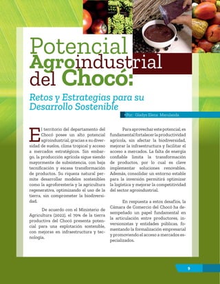 9
E
l territorio del departamento del
Chocó posee un alto potencial
agroindustrial, gracias a su diver-
sidad de suelos, clima tropical y acceso
a mercados estratégicos. Sin embar-
go, la producción agrícola sigue siendo
mayormente de subsistencia, con baja
tecnificación y escasa transformación
de productos. Su riqueza natural per-
mite desarrollar modelos sostenibles
como la agroforestería y la agricultura
regenerativa, optimizando el uso de la
tierra, sin comprometer la biodiversi-
dad.
De acuerdo con el Ministerio de
Agricultura (2022), el 70% de la tierra
productiva del Chocó presenta poten-
cial para una explotación sostenible,
con mejoras en infraestructura y tec-
nología.
Paraaprovecharestepotencial,es
fundamentalfortalecerlaproductividad
agrícola, sin afectar la biodiversidad,
mejorar la infraestructura y facilitar el
acceso a mercados. La falta de energía
confiable limita la transformación
de productos, por lo cual es clave
implementar soluciones renovables.
Además, consolidar un entorno estable
para la inversión permitirá optimizar
la logística y mejorar la competitividad
del sector agroindustrial.
En respuesta a estos desafíos, la
Cámara de Comercio del Chocó ha de-
sempeñado un papel fundamental en
la articulación entre productores, in-
versionistas y entidades públicas, fo-
mentando la formalización empresarial
y promoviendo el acceso a mercados es-
pecializados.
Potencial
Agroindustrial
del Chocó:
Retos y Estrategias para su
Desarrollo Sostenible
9
Por: Gladys Elena Marulanda
 