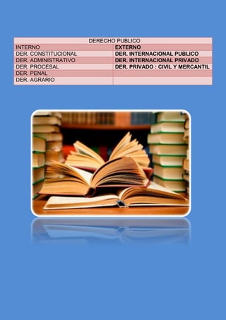 DERECHO PUBLICO
INTERNO EXTERNO
DER. CONSTITUCIONAL DER. INTERNACIONAL PUBLICO
DER. ADMINISTRATIVO DER. INTERNACIONAL PRIVADO
DER. PROCESAL DER. PRIVADO : CIVIL Y MERCANTIL
DER. PENAL
DER. AGRARIO
 