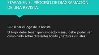 ETAPAS EN EL PROCESO DE DIAGRAMACIÓN
DE UNA REVISTA.
Diseñar el logo de la revista.
El logo debe tener gran impacto visual, debe poder ser
combinado sobre diferentes fondo y texturas visuales.
 