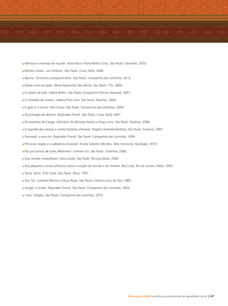 Educação Infantil e práticas promotoras de igualdade racial | 47
Meninos e meninas do mundo. Núria Roca e Rosa Maria Curto. São Paulo: Caramelo, 2010.
Minhas contas. Luiz Antonio. São Paulo: Cosac Naify, 2008.
Nyama. Christiane Lavaquerie-Klein. São Paulo: Companhia das Letrinhas, 2010.
Núbia rumo ao Egito. Maria Aparecida Silva Bento. São Paulo: FTD, 2009.
O cabelo de Lelê. Valéria Belém. São Paulo: Companhia Editora Nacional, 2007.
O comedor de nuvens. Heloísa Pires Lima. São Paulo: Paulinas, 2009.
O gato e o escuro. Mia Couto. São Paulo: Companhia das Letrinhas, 2008.
Os príncipes do destino. Reginaldo Prandi. São Paulo: Cosac Naify, 2001.
Os reizinhos de Congo. Edimilson de Almeida Pereira e Graça Lima. São Paulo: Paulinas, 2008.
O segredo das tranças e outras histórias africanas. Rogério Andrade Barbosa. São Paulo: Scipione, 2007.
Oxumaré, o arco-íris. Reginaldo Prandi. São Paulo: Companhia das Letrinhas, 2004.
Princesas negras e a sabedoria ancestral. Ariane Celestini Meireles. Belo Horizonte: Nandyala, 2010.
Por que somos de cores diferentes? Carmem Gil. São Paulo: Giraﬁnha, 2006.
Que mundo maravilhoso! Julius Lester. São Paulo: Brinque-Book, 2000.
Seis pequenos contos africanos sobre a criação do mundo e do homem. Raul Lody. Rio de Janeiro: Pallas, 2000.
Tanto, tanto. Trish Cook. São Paulo: Ática, 1997.
Toc! Toc. Graciela Montes e Oscar Rojas. São Paulo: Editora Livros do Tatu,1989.
Xangô, o trovão. Reginaldo Prandi. São Paulo: Companhia das Letrinhas, 2003.
Ynari, Ondjaki. São Paulo: Companhia das Letrinhas, 2010.
Livro CEERT.indd 47 16/02/12 16:30
 