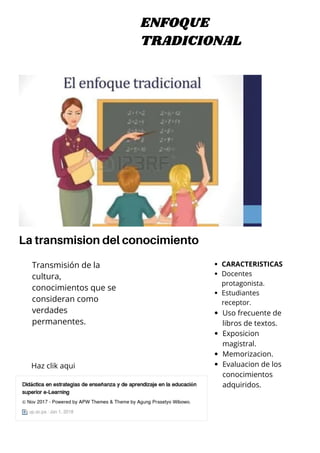 Transmisión de la
cultura,
conocimientos que se
consideran como
verdades
permanentes.
CARACTERISTICAS
Docentes
protagonista.
Estudiantes
receptor.
Uso frecuente de
libros de textos.
Exposicion
magistral.
Memorizacion.
Evaluacion de los
conocimientos
adquiridos.
ENFOQUE
TRADICIONAL
La transmision del conocimiento
Haz clik aqui
 