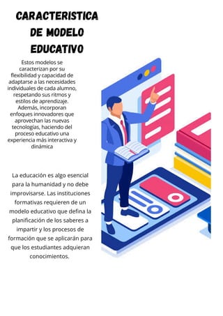 Estos modelos se
caracterizan por su
flexibilidad y capacidad de
adaptarse a las necesidades
individuales de cada alumno,
respetando sus ritmos y
estilos de aprendizaje.
Además, incorporan
enfoques innovadores que
aprovechan las nuevas
tecnologías, haciendo del
proceso educativo una
experiencia más interactiva y
dinámica
Caracteristica
de modelo
educativo
La educación es algo esencial
para la humanidad y no debe
improvisarse. Las instituciones
formativas requieren de un
modelo educativo que defina la
planificación de los saberes a
impartir y los procesos de
formación que se aplicarán para
que los estudiantes adquieran
conocimientos.
 