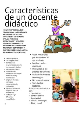 Características
de un docente
didáctico
ES UN PROFESIONAL QUE
TRANSFORMA LA ENSEÑANZA
EN UN PROCESO CLARO,
ACCESIBLE Y MOTIVADOR.
UTILIZA TÉCNICAS,
ESTRATEGIAS Y RECURSOS
VARIADOS PARA QUE LOS
ESTUDIANTES COMPRENDAN
MEJOR LOS CONTENIDOS Y
PARTICIPEN DE FORMA ACTIVA
EN SU PROPIO APRENDIZAJE.
Aman su profeson -
son responsables
.Conocen los
programas de estudio
con los que trabajan
planean sus clases.
Implementan
diferentes estrategias
de enseñanza y
aprendizaje:
Emplean diversas
técnicas e
instrumentos de
evaluación.
Generan ambientes
propicios para el
aprendizaje
Trabajan bajo
diferentes
modalidades
Usan materiales
para favorecer el
aprendizaje.
Motivan a alos
alumnos.
Involucran a los
padres de familias.
Utilizan las nuevas
tecnologias.
No temen innovar.
Son Avidos
lectores.
Entre otras características
son:
▪Sensibilidad
▪Sentido común
▪Creatividad
▪Cultura tecnológica
▪Ética y moral
15
 