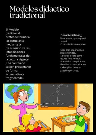 El Modelo
tradicional
pretende formar a
los estudiante
mediante la
transmision de las
infoemaciones
fundamentales de
la cultura vigente
.Los contenido
suelen presentarse
de forma
acumulativa y
fragmentada .
Caracteristicas_
El docente ocupa un papel
central.
-El estudiante es receptivo.
-Seda gran importancia a
alos contenidos.
-Se utiliza el libro como
recurso fundamental.
-Predomina la explicacion .
-Se utiliza la memorizacion.
-L disciplina tiene un
papel importante.
Modelosdidactico
tradicional
4
 