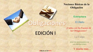 EDICIÓN I
Nociones Básicas de la
Obligación
Estructura
¿Cuáles son las Fuentes de
las Obligaciones?
El Daño
La Culpa
EFECTOS SECUNDARIOS DE
LAS OBLIGACIONES
Y mucho más…
 