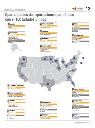 13REVISTA DE LAS OPORTUNIDADES
Oportunidades de exportaciones para Chocó
con el TLC Estados Unidos
A
03
Agroindustria
Semillas y frutos oleaginosos
CAROLINA DEL NORTE
A
04
Agroindustria
Semillas y frutos oleaginosos
DAKOTA DEL NORTE
A
05
Agroindustria
Filetes de pescado
Frutas frescas
Peces ornamentales
FLORIDA
A
07
Agroindustria
Filetes de pescado
MASSACHUSETTS
A
08
Agroindustria
Peces ornamentales
MICHIGAN
A
09
Agroindustria
Semillas y frutos oleaginosos
MINNESOTA
Manufacturas
Madera
A
11
Agroindustria
Peces ornamentales
Semillas y frutos oleaginosos
Cacao
NUEVA YORK
A
12
Agroindustria
Filetes de pescado
OREGON
Manufacturas
Madera
A
14
Agroindustria
Filetes de pescado
Frutas frescas
WASHINGTON
01
02
03
04
05
06
07
08
09
10
12
13
14
A
13
Agroindustria
Frutas frescas
TEXAS
Manufacturas
Madera
Artesanías
A
06
Agroindustria
Peces ornamentales
GEORGIA
Manufacturas
Madera
Artesanías
Manufacturas
Madera
A
02
Agroindustria
Derivados del cacao
Frutas frescas
Peces ornamentales
Semillas y frutos oleaginosos
CALIFORNIA
A
10
Agroindustria
Frutas frescas
Cacao
Derivados del cacao
NUEVA JERSEY
A
15
Agroindustria
Cacao
Derivados del cacao
PENNSYLVANIA
Manufacturas
Artesanías
15
A
16
Agroindustria
Cacao
Derivados del cacao
WISCONSIN
Manufacturas
Manufacturas
Artesanías
16
A
17 OHIO
Manufacturas
Artesanías
A
01
Agroindustria
Cacao
Derivados del cacao
ILLINOIS
17
11
 