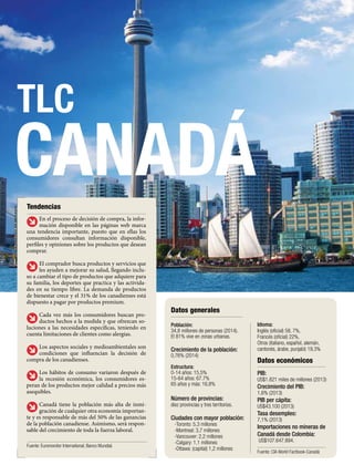 TLC
CANADÁ
Datos generales
Población:
34,8 millones de personas (2014).
El 81% vive en zonas urbanas.
Crecimiento de la población:
0,76% (2014)
Estructura:
0-14 años: 15,5%
15-64 años: 67.7%
65 años y más: 16,8%
Número de provincias:
diez provincias y tres territorios.
Ciudades con mayor población:
-Toronto: 5,3 millones
-Montreal: 3,7 millones
-Vancouver: 2,2 millones
-Calgary: 1,1 millones
-Ottawa: (capital) 1,2 millones
Datos económicos
PIB:
US$1.821 miles de millones (2013)
Crecimiento del PIB:
1,6% (2013)
PIB per cápita:
US$43.100 (2013)
Tasa desempleo:
7,1% (2013)
Importaciones no mineras de
Canadá desde Colombia:
US$107.647.894.
Fuente: CIA World Factbook-Canadá
Tendencias
En el proceso de decisión de compra, la infor-
mación disponible en las páginas web marca
una tendencia importante, puesto que en ellas los
consumidores consultan información disponible,
perfiles y opiniones sobre los productos que desean
comprar.
El comprador busca productos y servicios que
les ayuden a mejorar su salud, llegando inclu-
so a cambiar el tipo de productos que adquiere para
su familia, los deportes que practica y las activida-
des en su tiempo libre. La demanda de productos
de bienestar crece y el 31% de los canadienses está
dispuesto a pagar por productos premium.
Cada vez más los consumidores buscan pro-
ductos hechos a la medida y que ofrezcan so-
luciones a las necesidades específicas, teniendo en
cuenta limitaciones de clientes como alergias.
Los aspectos sociales y medioambientales son
condiciones que influencian la decisión de
compra de los canadienses.
Los hábitos de consumo variaron después de
la recesión económica, los consumidores es-
peran de los productos mejor calidad a precios más
asequibles.
Canadá tiene la población más alta de inmi-
gración de cualquier otra economía importan-
te y es responsable de más del 50% de las ganancias
de la población canadiense. Asimismo, será respon-
sable del crecimiento de toda la fuerza laboral.
Fuente: Euromonitor International, Banco Mundial.
Idioma:
Inglés (oficial) 58, 7%,
Francés (oficial) 22%,
Otros (italiano, español, alemán,
cantonés, árabe, punjabi) 19,3%
 