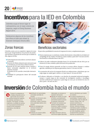 20
Incentivospara la IED en Colombia
Inversiónde Colombia hacia el mundo
Zonas francas
Colombia cuenta con un competitivo régimen de zonas
francas que otorga beneficios a los proyectos de produc-
ción de bienes o prestación de servicios que se instalen en
ellas, algunos de ellos:
Tarifa impuesto de renta inferior a territorio aduane-
ro nacional
Exención de tributos aduaneros para mercancías que
se introduzcan a la zona franca desde el exterior.
Exención de IVA para materias primas, insumos y
bienes terminados adquiridos en el territorio
aduanero nacional.
Se beneficia de los acuerdos comerciales internacio-
nales.
Posibilidad de participación dentro del mercado
nacional.
Beneﬁcios sectoriales
El país ofrece posibilidad de exención de impuesto de renta y complementarios para:
Nuevas empresas que se constituyan, instalen efectivamente y desarrollen la actividad en el
Archipiélago de San Andrés, Providencia y Santa Catalina a partir del 1° de enero de 2013.
Este beneficio se obtendrá hasta el año 2017.
Cultivos de tardío rendimiento plantados hasta el 31 de diciembre del año 2014, por un
término de 10 años contados a partir del inicio de la producción.
Venta de energía eléctrica generada con base en recursos eólicos, biomasa o residuos
agrícolas, realizada por las empresas generadoras, hasta el 1 de enero de 2018.
La prestación del servicio de transporte fluvial con embarcaciones y planchones que con
carga tengan un calado igual o inferior a 4.5 pies, hasta el 1 de enero de 2018.
El software, elaborado en Colombia y con derechos de propiedad intelectual protegidos,
siempre y cuando tenga un alto contenido de investigación científica y tecnológica
nacional, certificado por Colciencias o quien haga sus veces, por un término de cinco (5)
años a partir 1 de enero de 2013.
Colombia ocupa el tercer lugar en
Latinoamérica con el mejor entorno de
negocios, según el Doing Business
Report 2014.
Destacamos algunos de los incentivos
que ofrece el país para atraer la
Inversión Extranjera Directa (IED).
Proexport fue designada por
el Gobierno Nacional como la
agencia líder para promover
las inversiones directas de capital de
los residentes colombianos en el
extranjero. Para lograrlo, la entidad
implementó un portafolio de servicios
con el que apoya las decisiones de
inversión de los empresarios
colombianos, entre ellos los
siguientes:
Identificación de oportunidades
comerciales sectoriales de
inversión.
Suministro de información sobre
regulación, perspectivas
económicas, costos e incentivos
de los potenciales destinos de la
inversión.
Diseño de estrategias para
promover inversiones de
pequeñas y medianas
empresas.
Contactos con el sector público
y privado de entidades
relacionadas con procesos de
expansión internacional.
Agendas de inversión en el país
de interés y acompañamiento
permanente durante el proceso
de expansión internacional.
Promoción de inversiones que
generen encadenamientos
productivos, faciliten el acceso a
nuevas tecnologías y fomenten
relaciones comerciales y
económicas.
Divulgar información sobre los
instrumentos legales disponibles
para los colombianos que invierten
en el exterior.
En la tarea de identificación de
oportunidades, Proexport cuenta
con información clave de países de
América, Europa y Asia, y de
sectores económicos en
agroindustria, manufacturas y
servicios, donde las empresas
colombianas pueden consolidar su
estrategia de internacionalización,
ser más competitivas, generar
encadenamientos productivos y
dinamizar sus exportaciones.
 