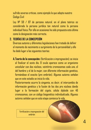 4
sufrido severas críticas, como ejemplo la que adopta nuestro
Código Civil
Ley Nº 59 / 87 de persona natural, en el plano teórico es
considerada la persona jurídica tan natural como la persona
individual física. Por ello en ocasiones ha sido propuesta esta última
como la designación más correcta.
2. TEORÍAS DE LA CONCEPCIÓN
Diversos autores y diferentes legislaciones han tratado de definir
el momento de nacimiento o surgimiento de la personalidad y ello
ha dado lugar a las siguientes teorías:
A.Teoría de la concepción: (fertilización o impregnación); se inicia
al finalizar el sexto día. El ovulo aparece como un organismo
unicelular con dos núcleos, veintitrés cromosomas cada uno, el
del hombre y el de la mujer, con diferente información genética,
formándose el ovocito (pre embrión). Algunos autores señalan
que en este estadio se inicia la vida.
Posteriormente ocurre la singamia, es decir, el intercambio de
información genética y la fusión de los dos pro núcleos dando
lugar a la formación del cigoto, célula diploide con 46
cromosomas, con un código biogenético individualizado. Algunos
autores señalan que en esta etapa comienza la vida.
Fertilización o impregnación del
embrión
 
