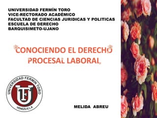 UNIVERSIDAD FERMÍN TORO
VICE-RECTORADO ACADÉMICO
FACULTAD DE CIENCIAS JURIDICAS Y POLITICAS
ESCUELA DE DERECHO
BARQUISIMETO-UJANO
CONOCIENDO EL DERECHO
PROCESAL LABORAL
MELIDA ABREU
 