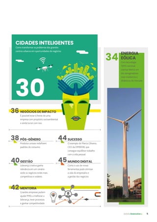 revista desenvolvesp 5
CIDADES INTELIGENTES
Como transformar os problemas dos grandes
centros urbanos em oportunidades de negócios
34
ENERGIA
EÓLICA
Com tecnologia
100% nacional,
startup fabrica um
dos aerogeradores
mais modernos e
dinâmicos do mercado
MENTORIA
Grandes empresas podem
ajudar PMEs a melhorar a
liderança, rever processos
e ganhar competitividade
42
PÓS-GÊNERO
Produtos unissex redefinem
padrões de consumo
GESTÃO
Liderança criativa ganha
relevância em um cenário
onde os negócios estão mais
competitivos e voláteis
MUNDO DIGITAL
Como o uso de novas
ferramentas pode otimizar
a vida do empresário e
a gestão dos negócios
SUCESSO
O exemplo de Marcio Oliveira,
CEO da DM9DDB, que
consegue equilibrar trabalho
com a vida pessoal
NEGÓCIOS DE IMPACTO
É possível estar à frente de uma
empresa com propósito socioambiental
e ainda lucrar com isso
36
30
44
38
40 45
 