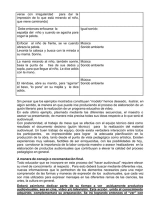 verse con irregularidad     para dar la
impresión de lo que está mirando el niño,
que viene caminando)

 Debe entonces enfocarse la              Igual sonido
espalda del niño y cuando se agacha para
coger la pelota.

Enfocar al niño de frente, se ve cuando Música
abraza la pelota.                         Sonido ambiente
Levanta la cabeza y busca con la mirada a
su mamá. Sonríe.

La mamá mirando al niño, también sonríe, Música
besa la punta de      tres de sus dedos y Sonido ambiente
sopla, para que llegue al niño. Le dice adiós
con la mano.

                                            Música
El riéndose, abre su manito, para “agarrar” Sonido ambiente
el beso, “lo pone” en su mejilla y le dice
adiós.


Sin pensar que los ejemplos mostrados constituyen “modelo” hemos deseado, ilustrar, en
algún sentido, la manera en que puede irse produciendo el proceso de elaboración de un
guión literario para la realización de un programa educativo de video.
En este último ejemplo, plasmado mediante las diferentes secuencias, el maestro o
asesor va presentando, de manera más precisa todas sus ideas respecto a lo que será el
audiovisual.
Con posterioridad, el trabajo de mesa que se efectúa con el equipo técnico dará como
resultado el documento decisivo (guión técnico) para la realización del material
audiovisual. Un buen trabajo de equipo, donde exista verdadera interacción entre todos
los participantes, es imprescindible para lograr la adecuada planificación en la
producción de la obra, tanto desde el punto de vista pedagógico como artístico. Existen
experiencias muy valiosas, factibles de ser enriquecidas, con las posibilidades de hoy,
para corroborar la importancia de la labor conjunta maestro o asesor /realizadores en la
elaboración de productos audiovisuales que contribuyan a elevar la calidad del proceso
pedagógico en general.

A manera de consejo o recomendación final.
Todo educador que se incorpore en este proceso del “hacer audiovisual” requiere elevar
su nivel de conocimiento al respecto . Para esto deberá buscar mediante diferentes vías,
nuevas informaciones que lo pertrechen de los elementos necesarios para una mejor
comprensión de las formas y maneras de expresión de los audiovisuales, que cada vez
son más utilizados para expresar mensajes en las diferentes ramas de las ciencias, las
artes, la cultura en general.
Deberá asimismo dedicar parte de su tiempo a ver asiduamente productos
audiovisuales, sea en cine, video y/o televisión. Esta acción unida al conocimiento
adquirido, complementará su preparación. Se irá logrando entonces el “ver” con
 