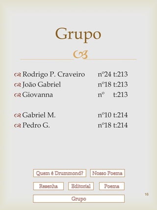Grupo
              
 Rodrigo P. Craveiro   nº24 t:213
 João Gabriel          nº18 t:213
 Giovanna              nº t:213

 Gabriel M.            nº10 t:214
 Pedro G.              nº18 t:214




                                     16
 