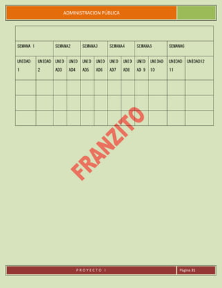 ADMINISTRACION PÚBLICA
P R O Y E C T O I Página 31
SEMANA 1 SEMANA2 SEMANA3 SEMANA4 SEMANA5 SEMANA6
UNIDAD
1
UNIDAD
2
UNID
AD3
UNID
AD4
UNID
AD5
UNID
AD6
UNID
AD7
UNID
AD8
UNID
AD 9
UNIDAD
10
UNIDAD
11
UNIDAD12
 
